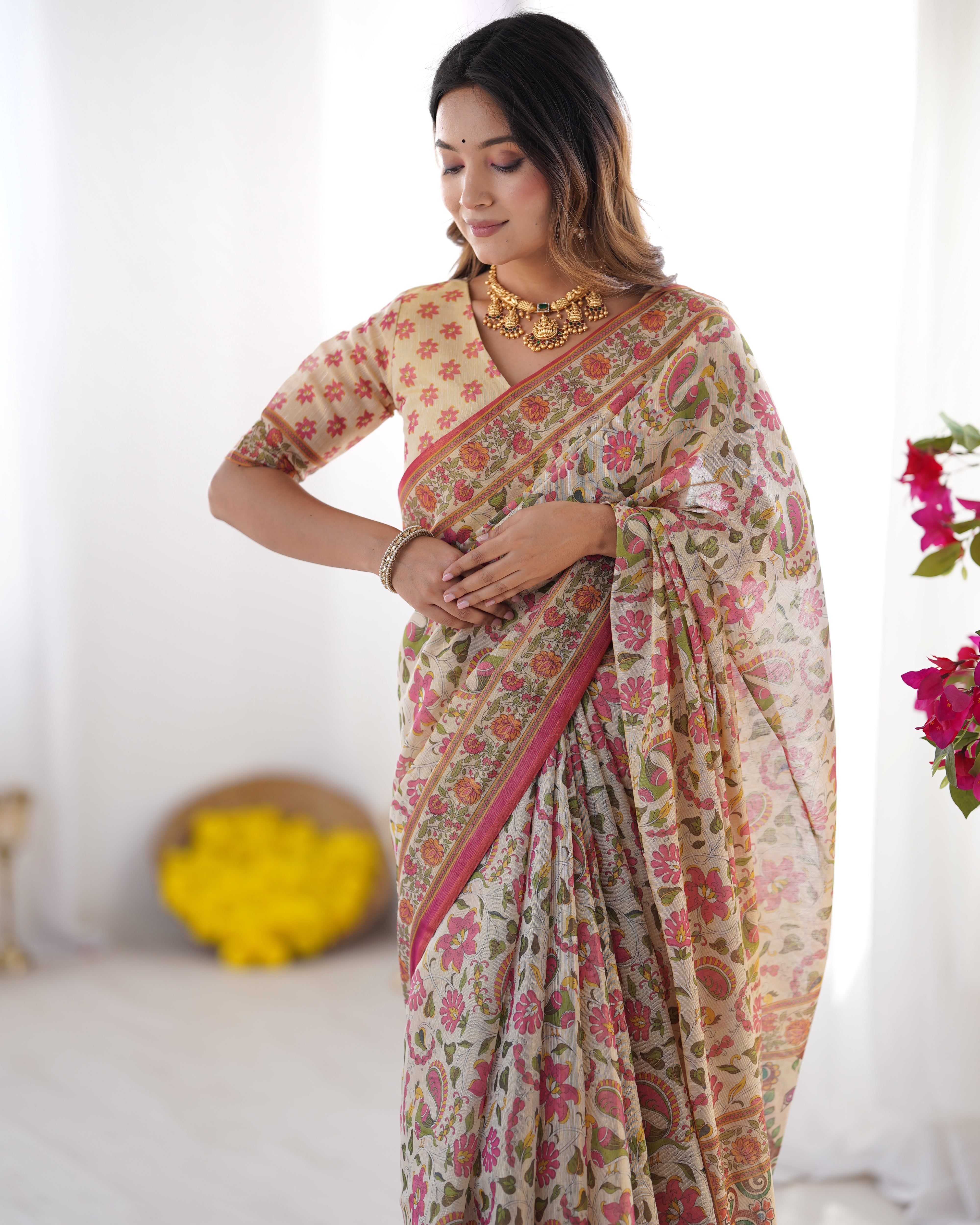 Cream Pink Floral Handloom Saree with Artistic Bird Designer Pallu 