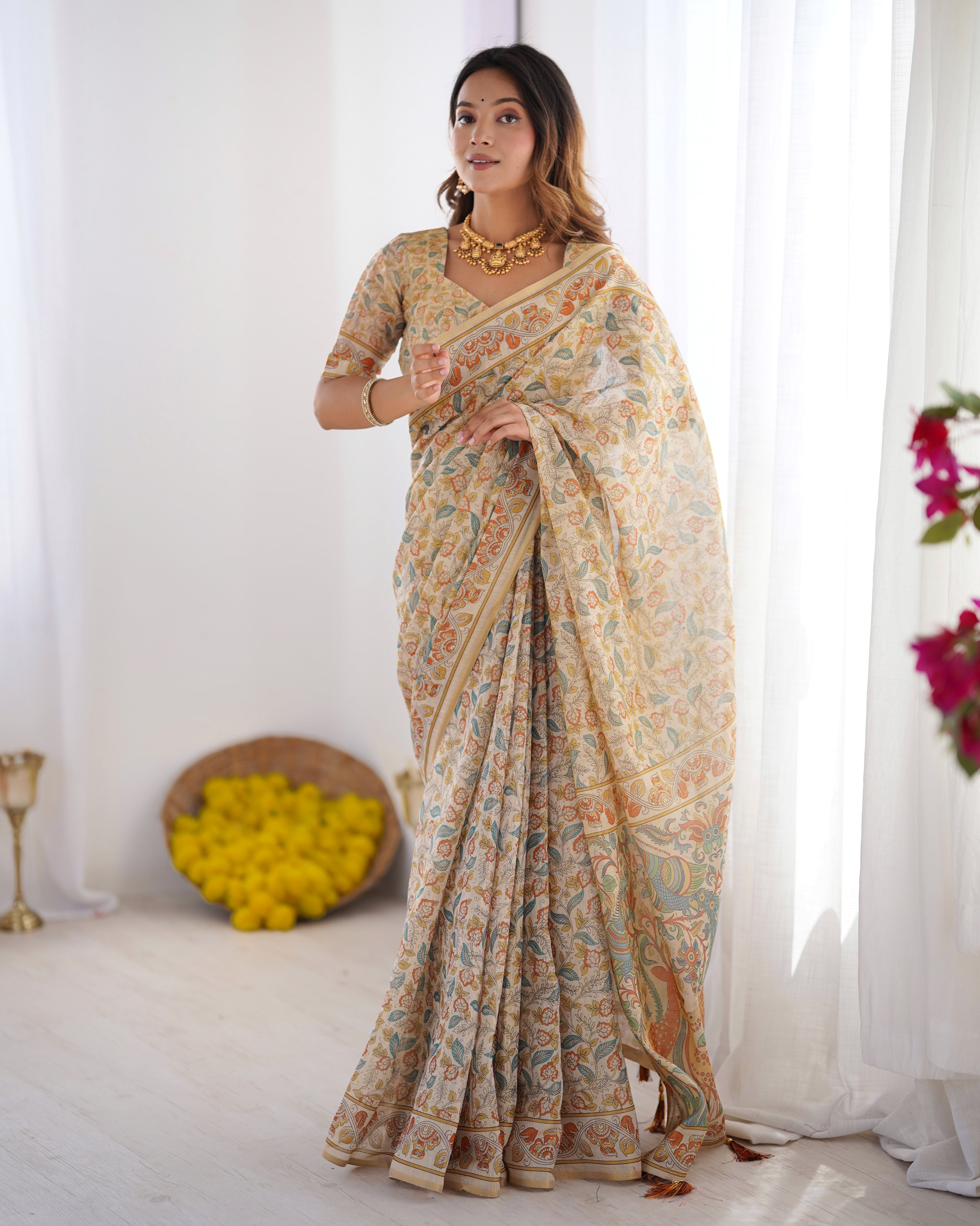 Ivory Cream Floral Handloom Saree with Artistic Peacock Pallu