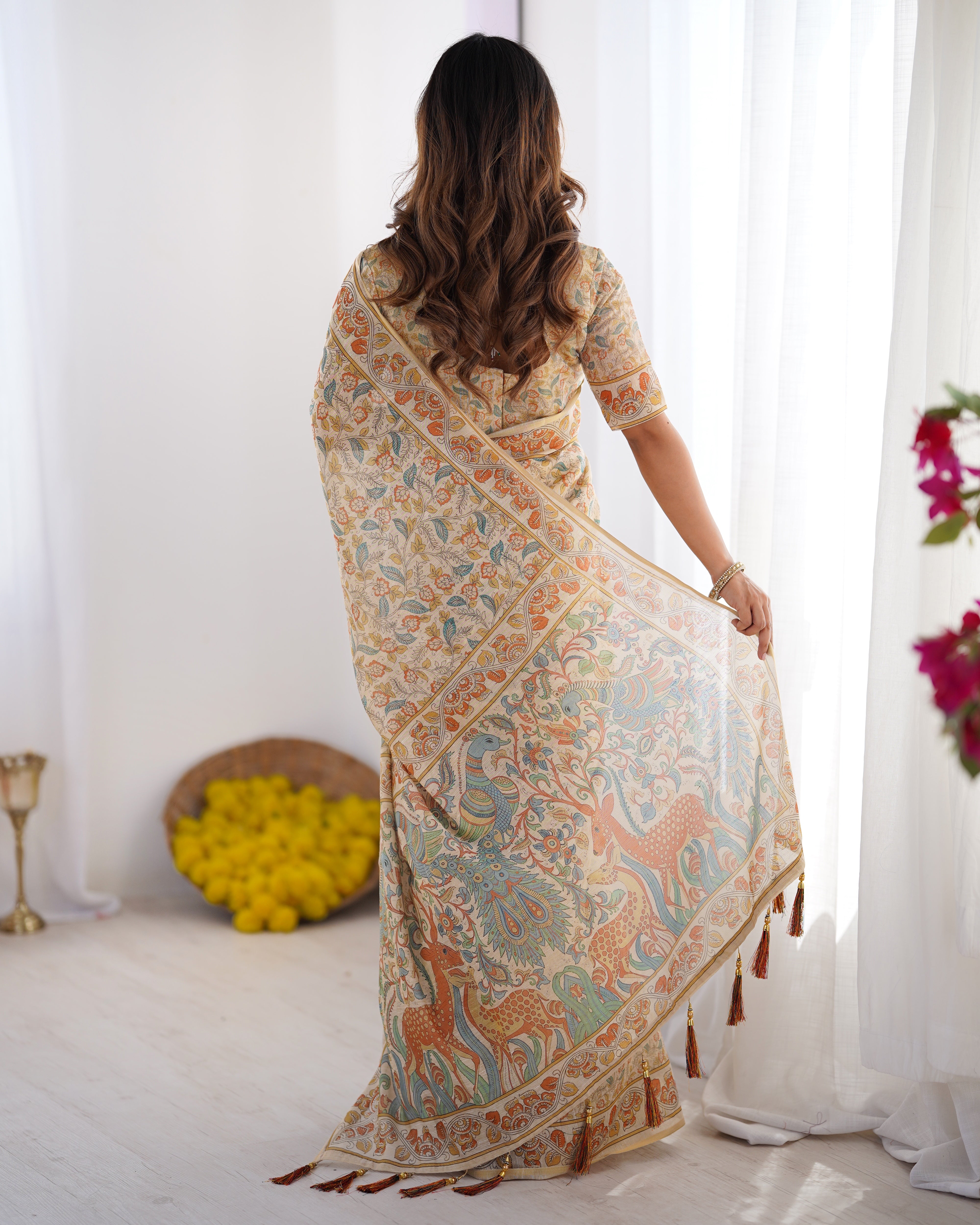 Ivory Cream Floral Handloom Saree with Artistic Peacock Pallu