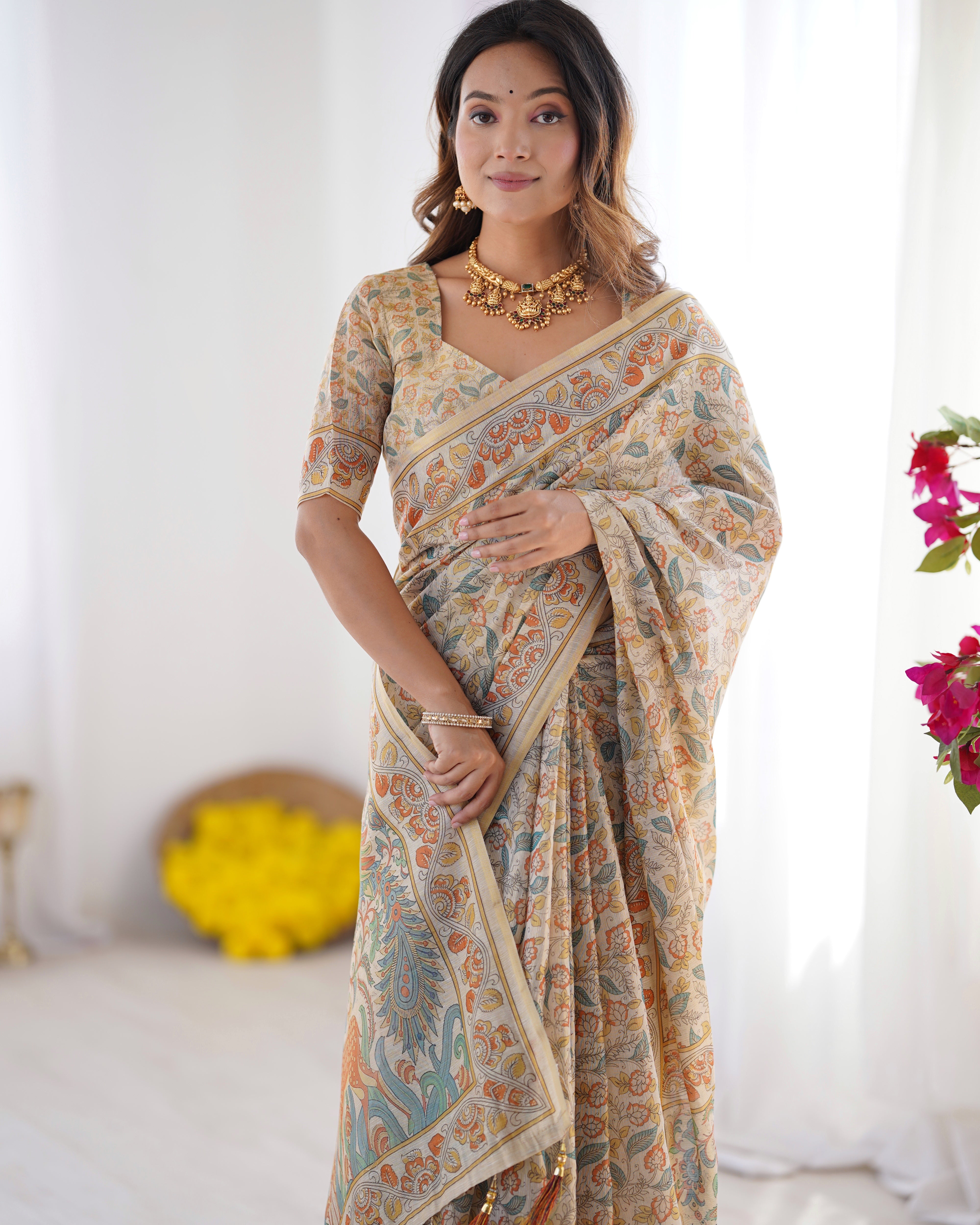 Ivory Cream Floral Handloom Saree with Artistic Peacock Pallu