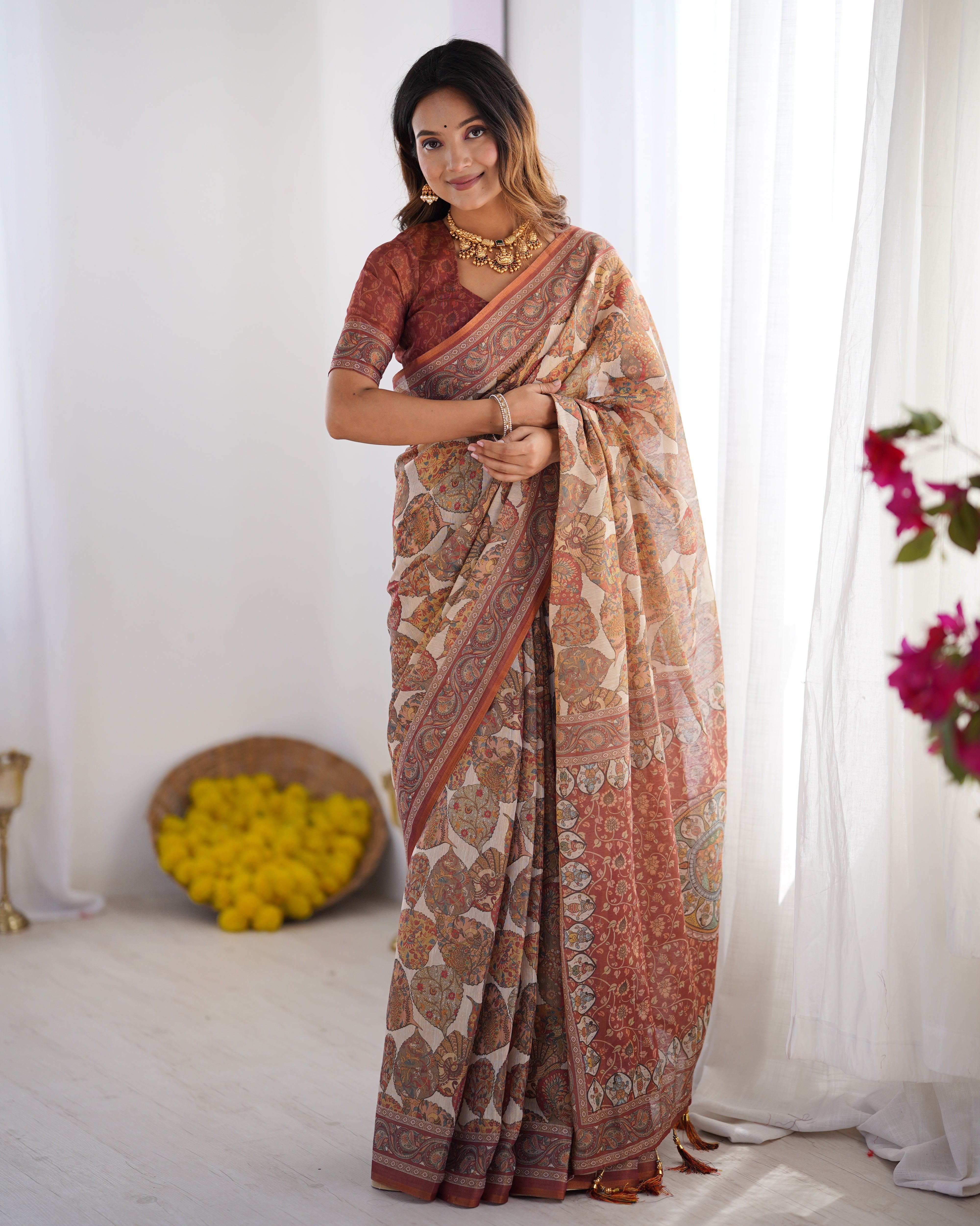 Rust Brown & Ivory Handloom Kalamkari Printed Saree