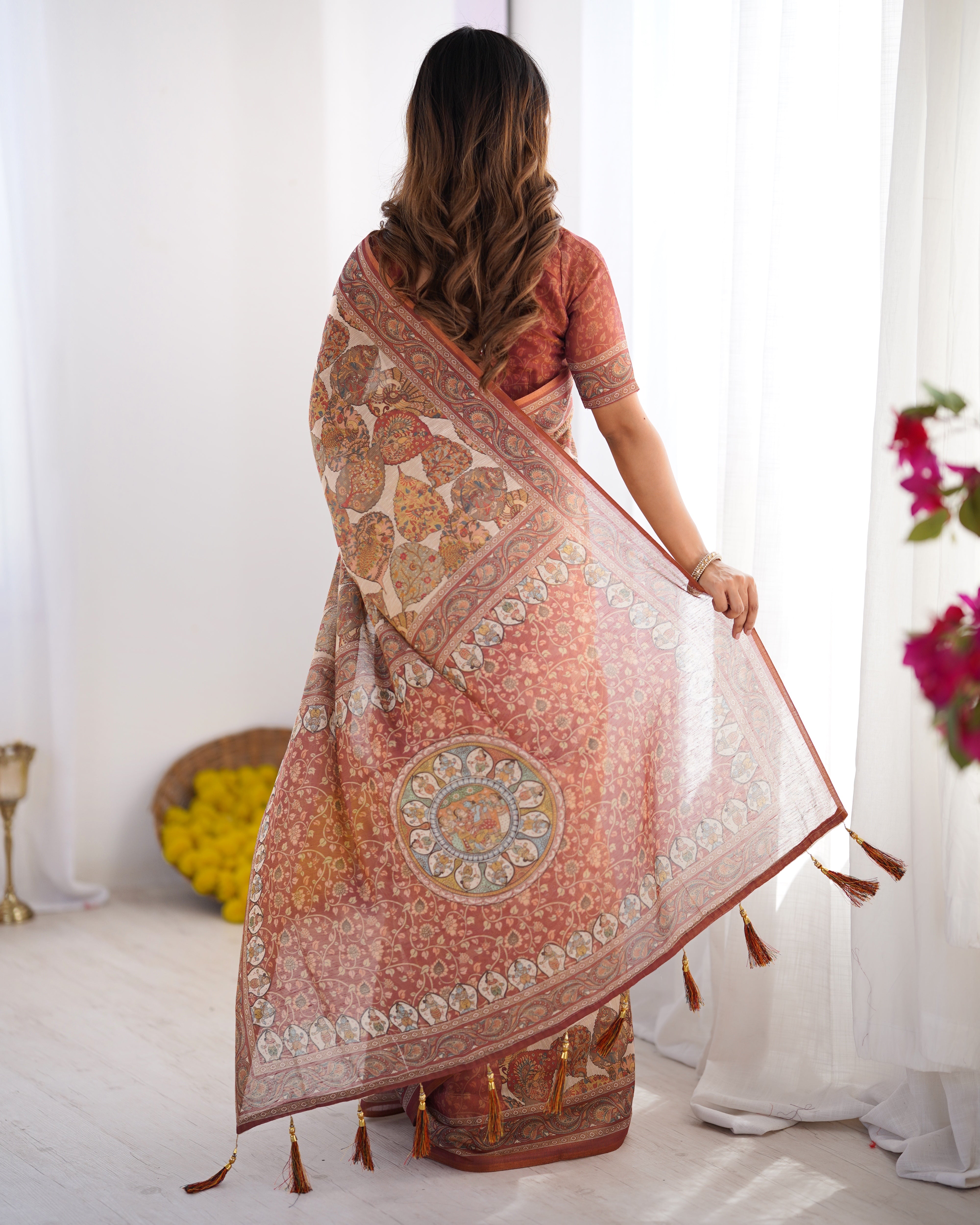 Rust Brown & Ivory Handloom Kalamkari Printed Saree