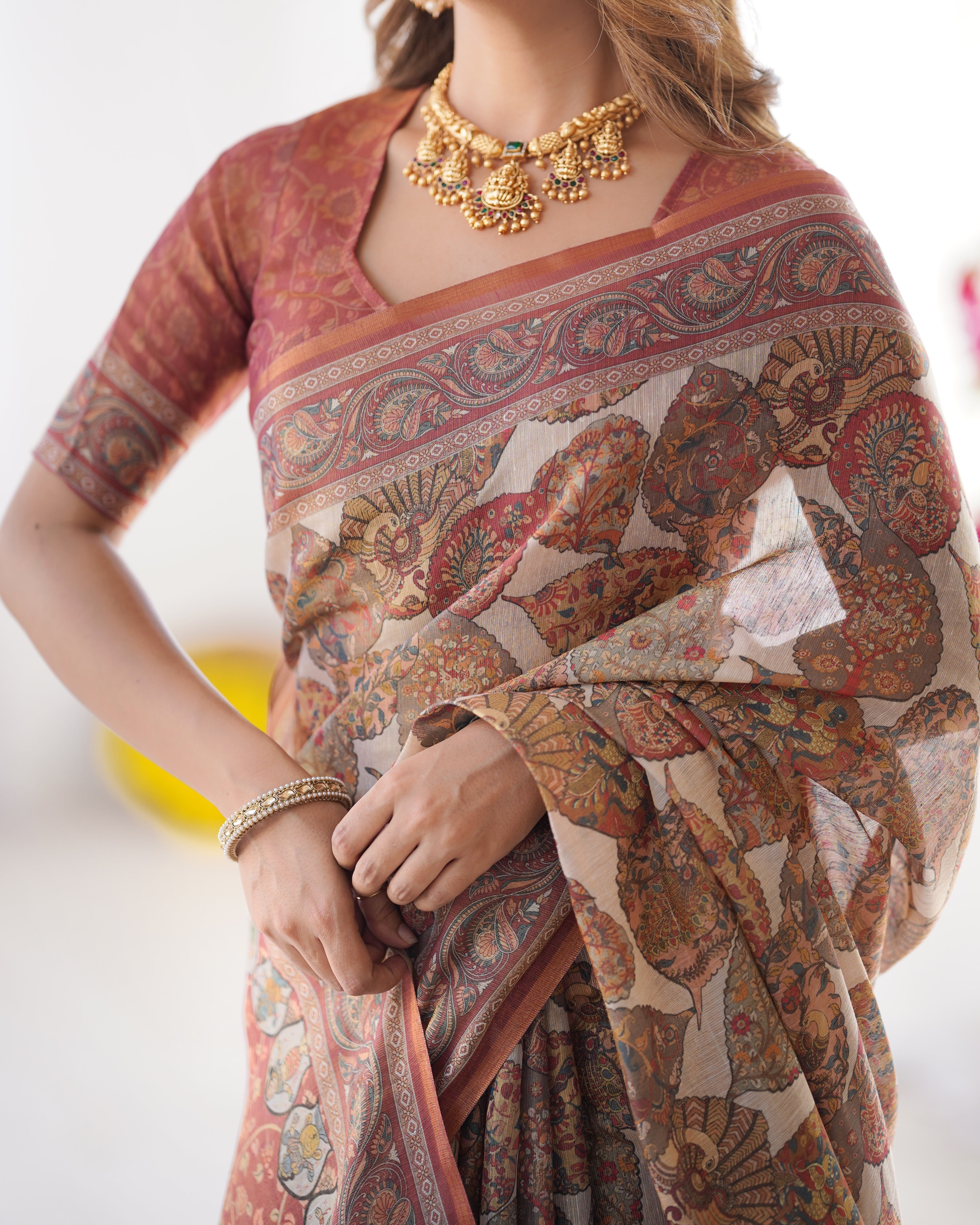 Rust Brown & Ivory Handloom Kalamkari Printed Saree