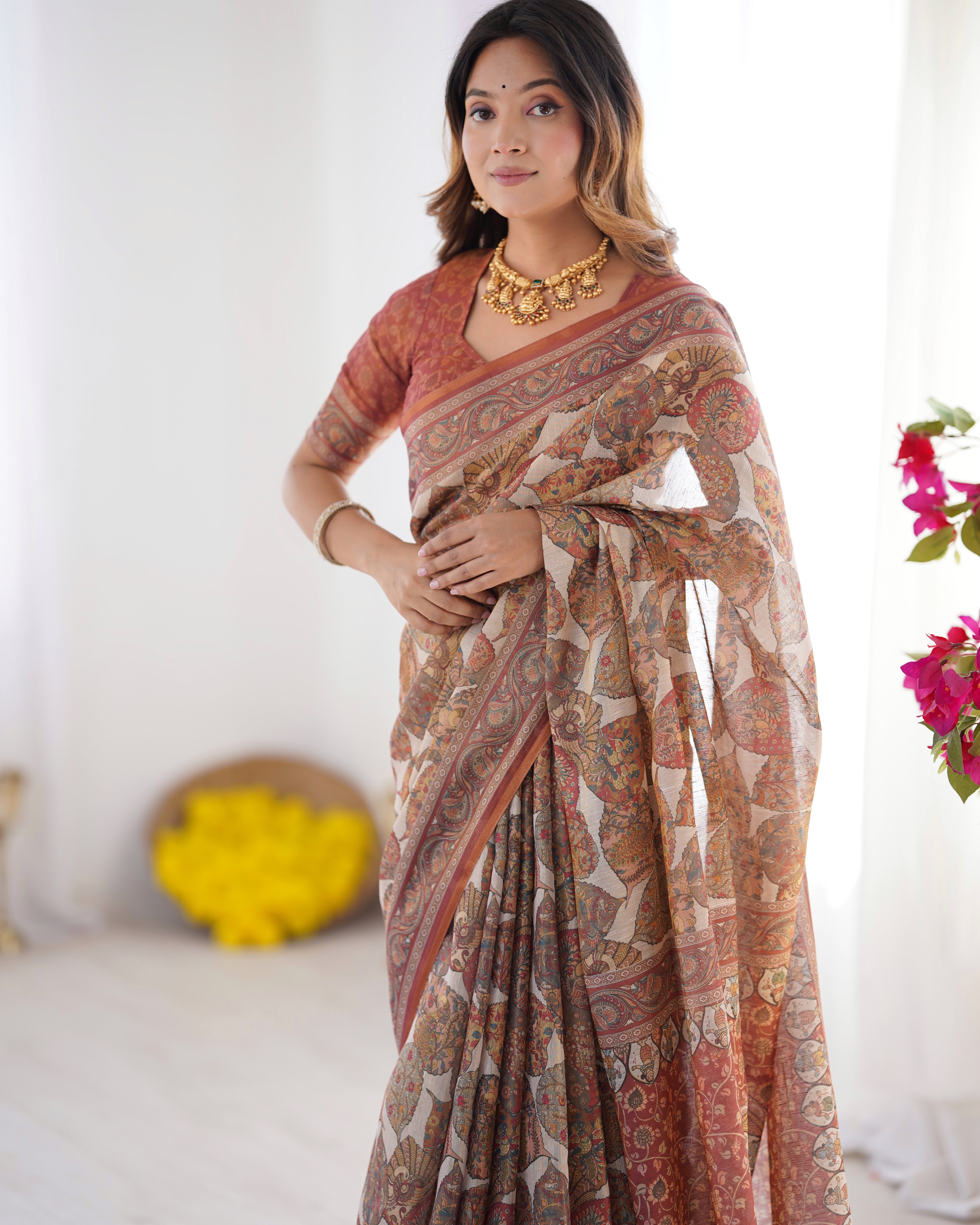 Rust Brown & Ivory Handloom Kalamkari Printed Saree