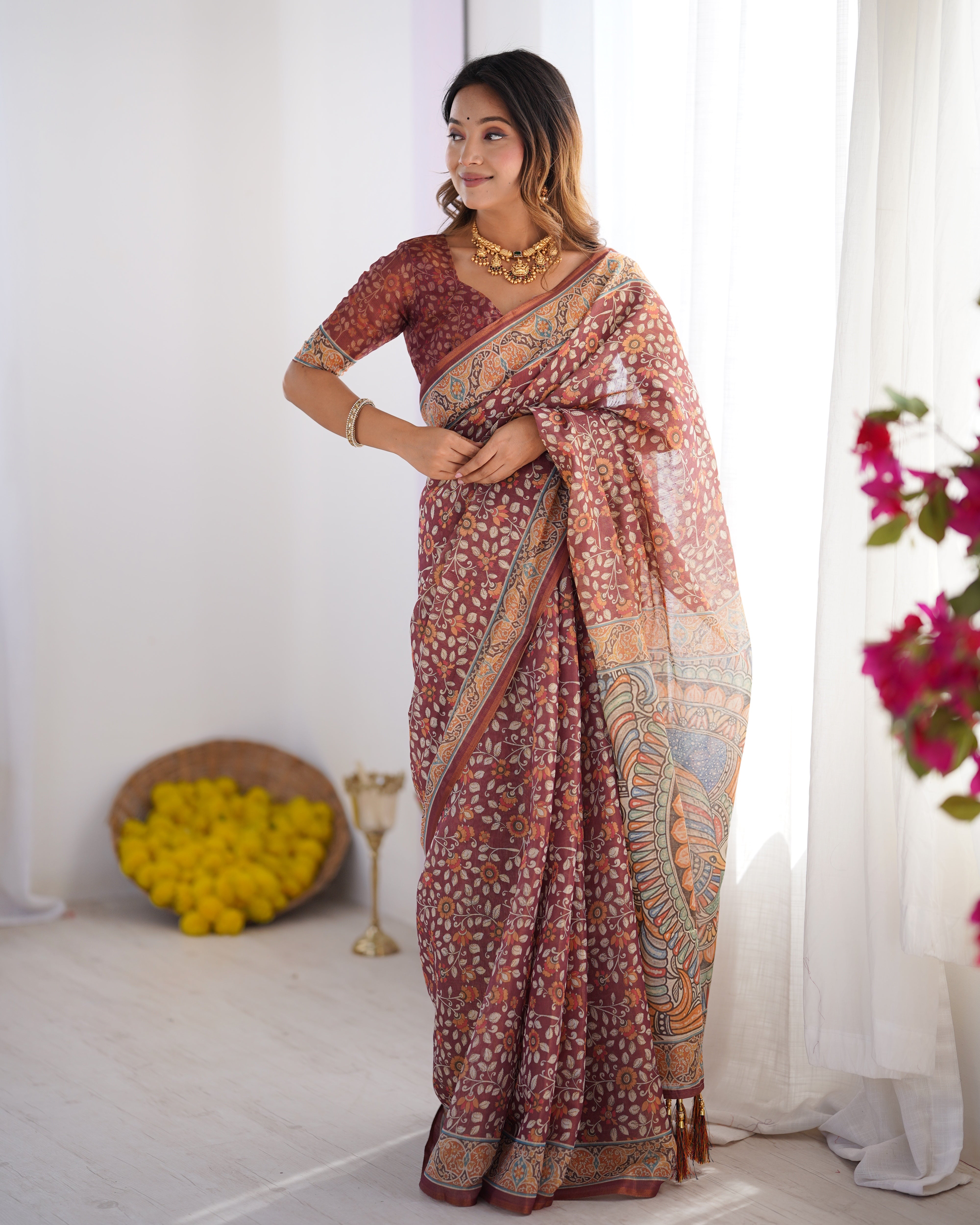 Wine Maroon Handloom Floral Printed Saree