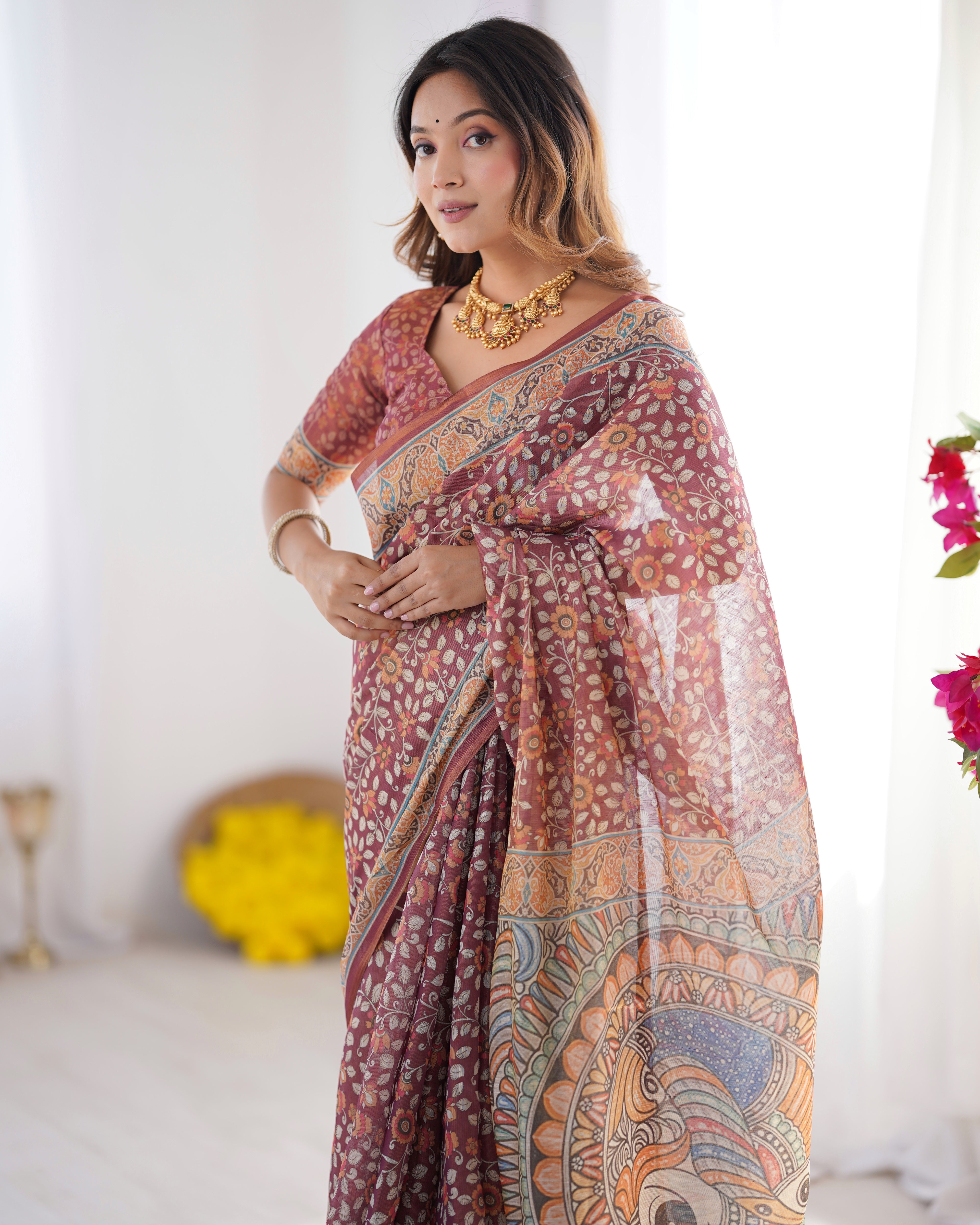 Wine Maroon Handloom Floral Printed Saree