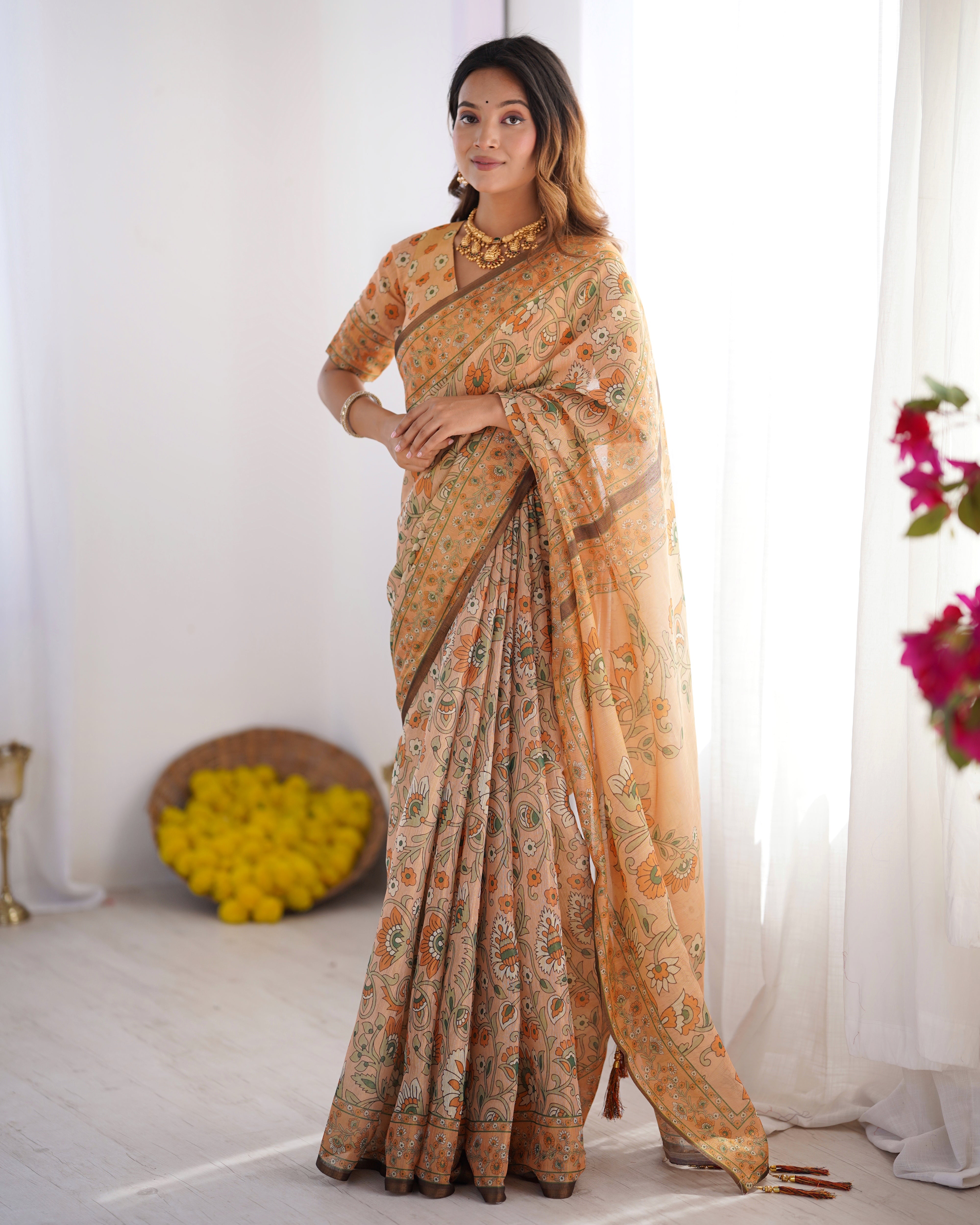Peach Beige Handloom Floral Printed Saree