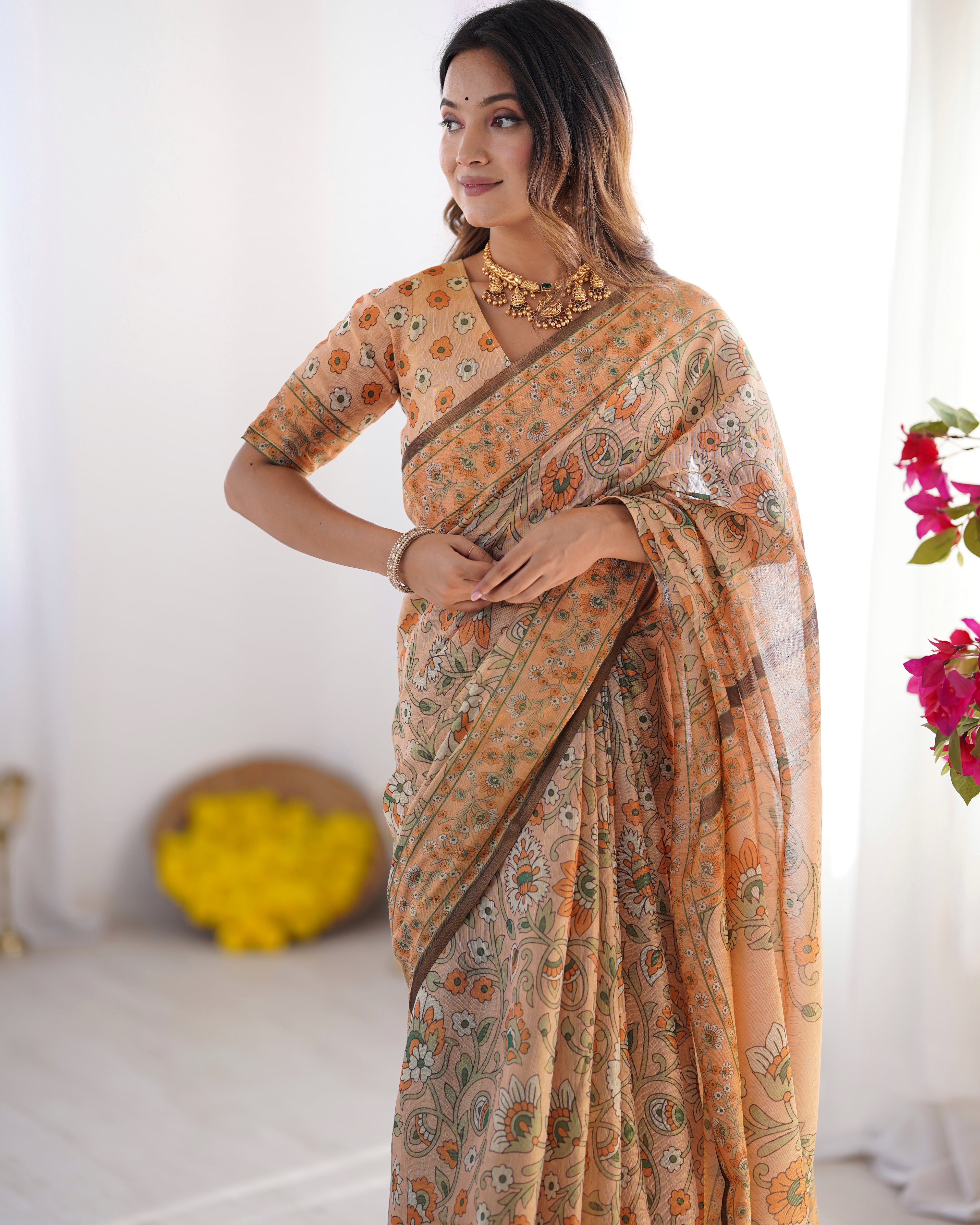 Peach Beige Handloom Floral Printed Saree