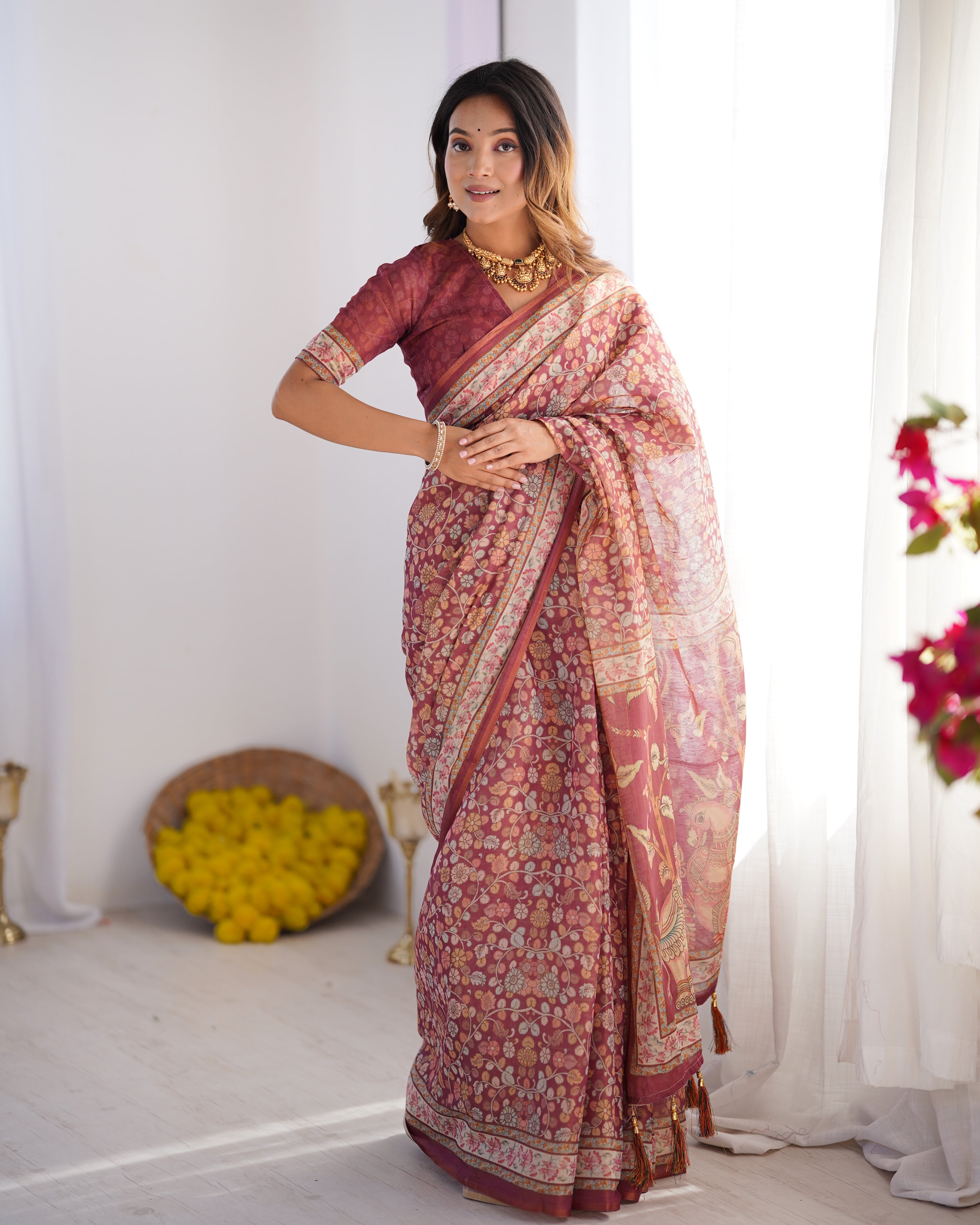 Wine Rose Handloom Printed Saree with Floral Vine Design