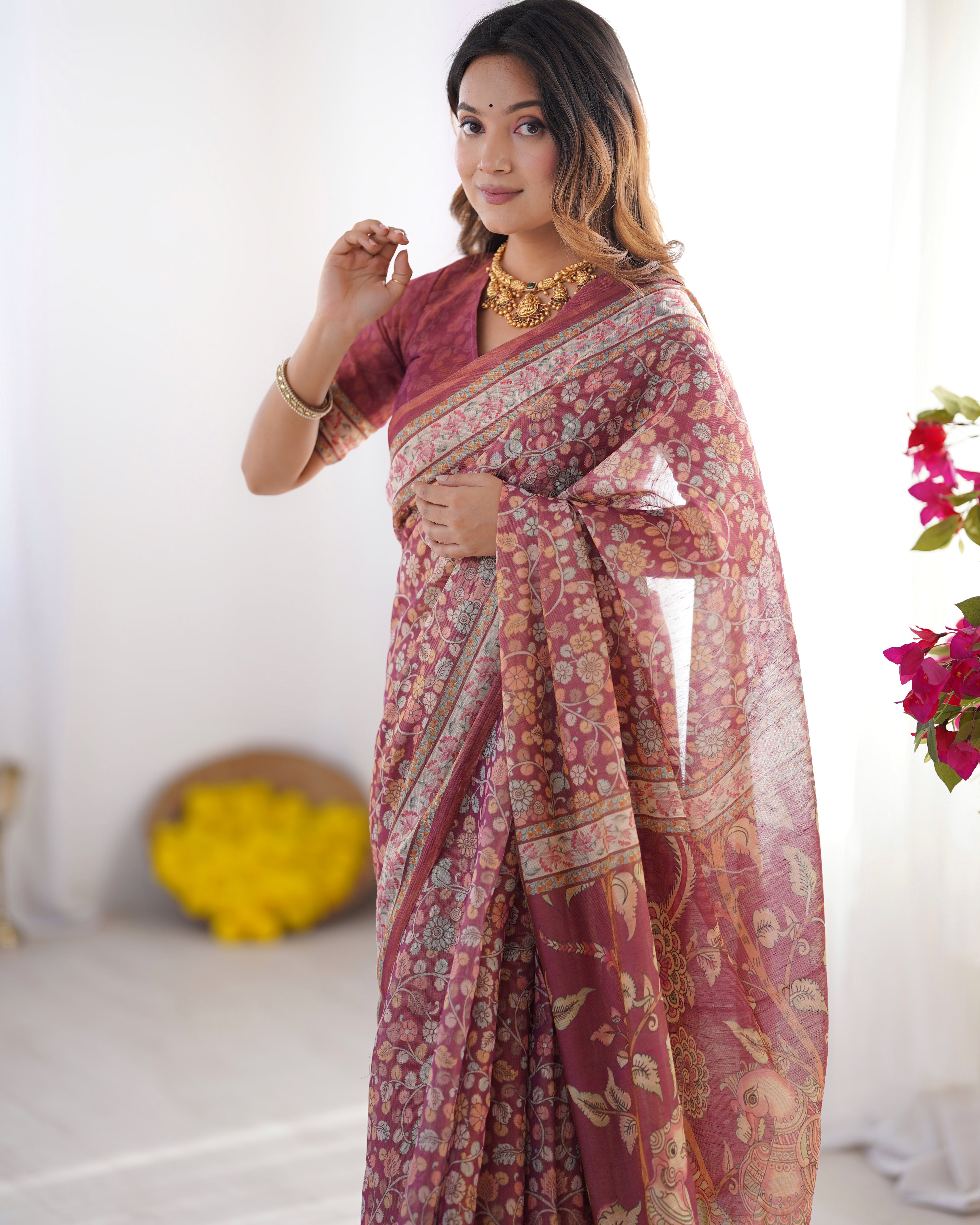 Wine Rose Handloom Printed Saree with Floral Vine Design