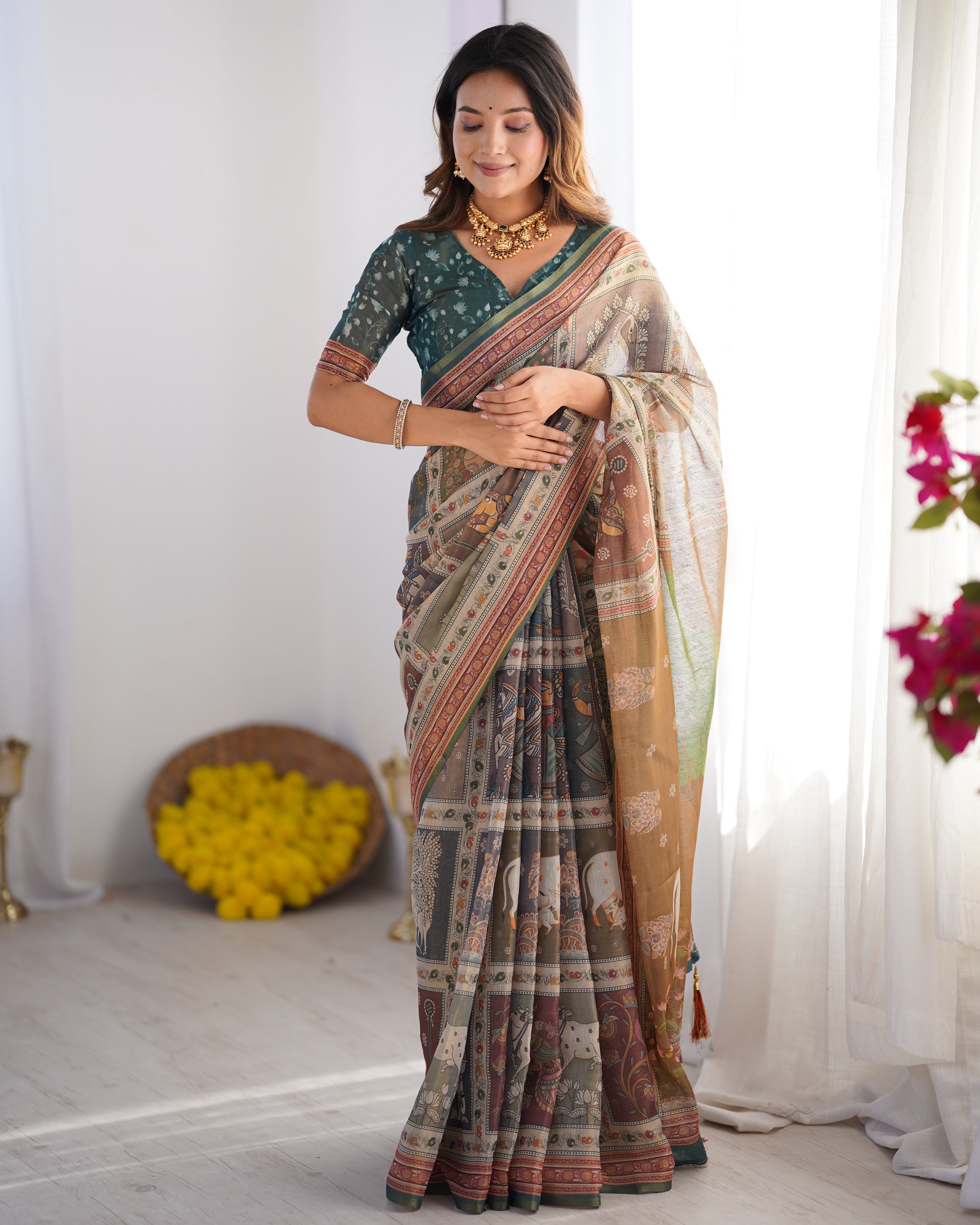 Dusty Olive Grey Handloom Printed Saree with Forest Green Blouse