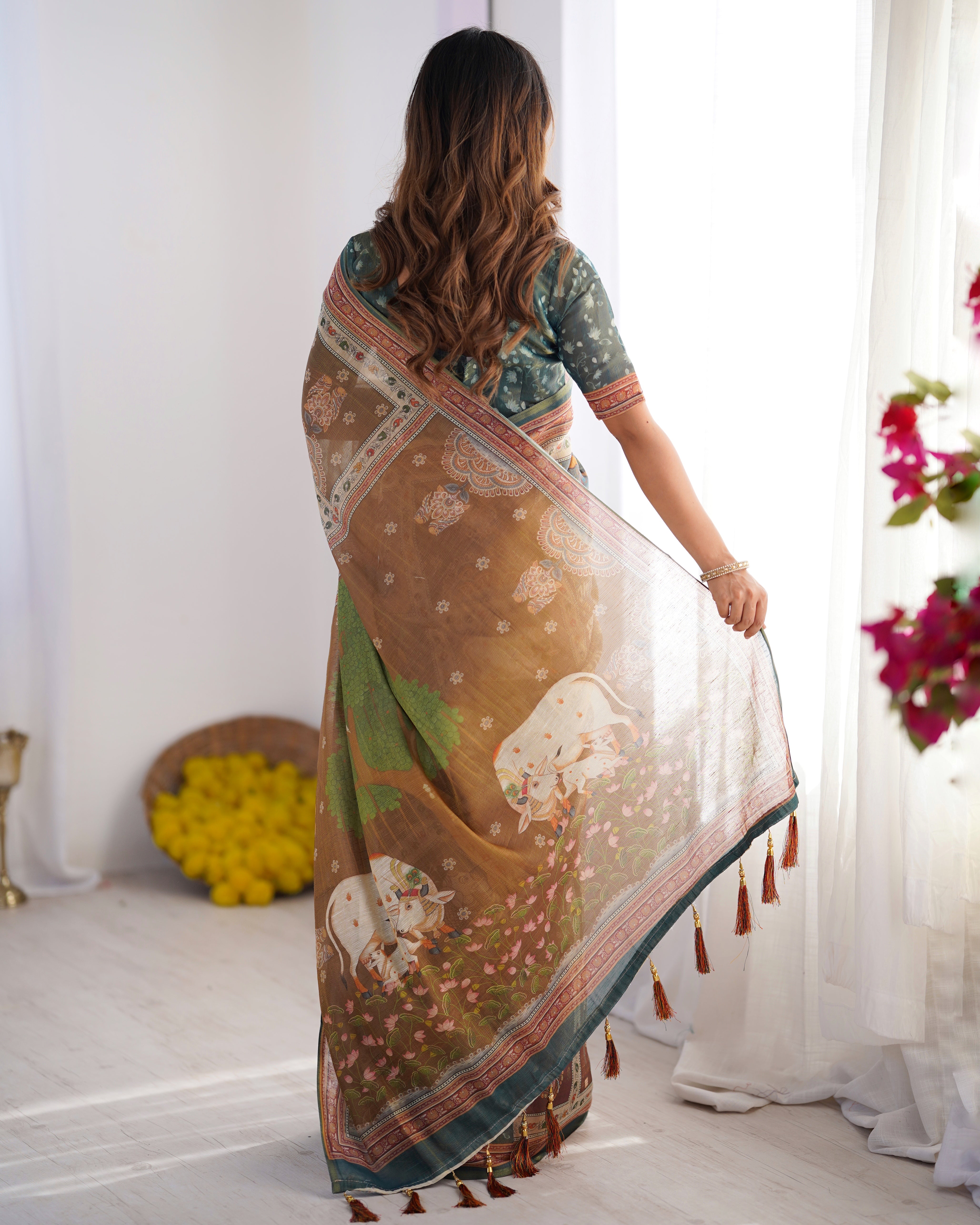 Dusty Olive Grey Handloom Printed Saree with Forest Green Blouse