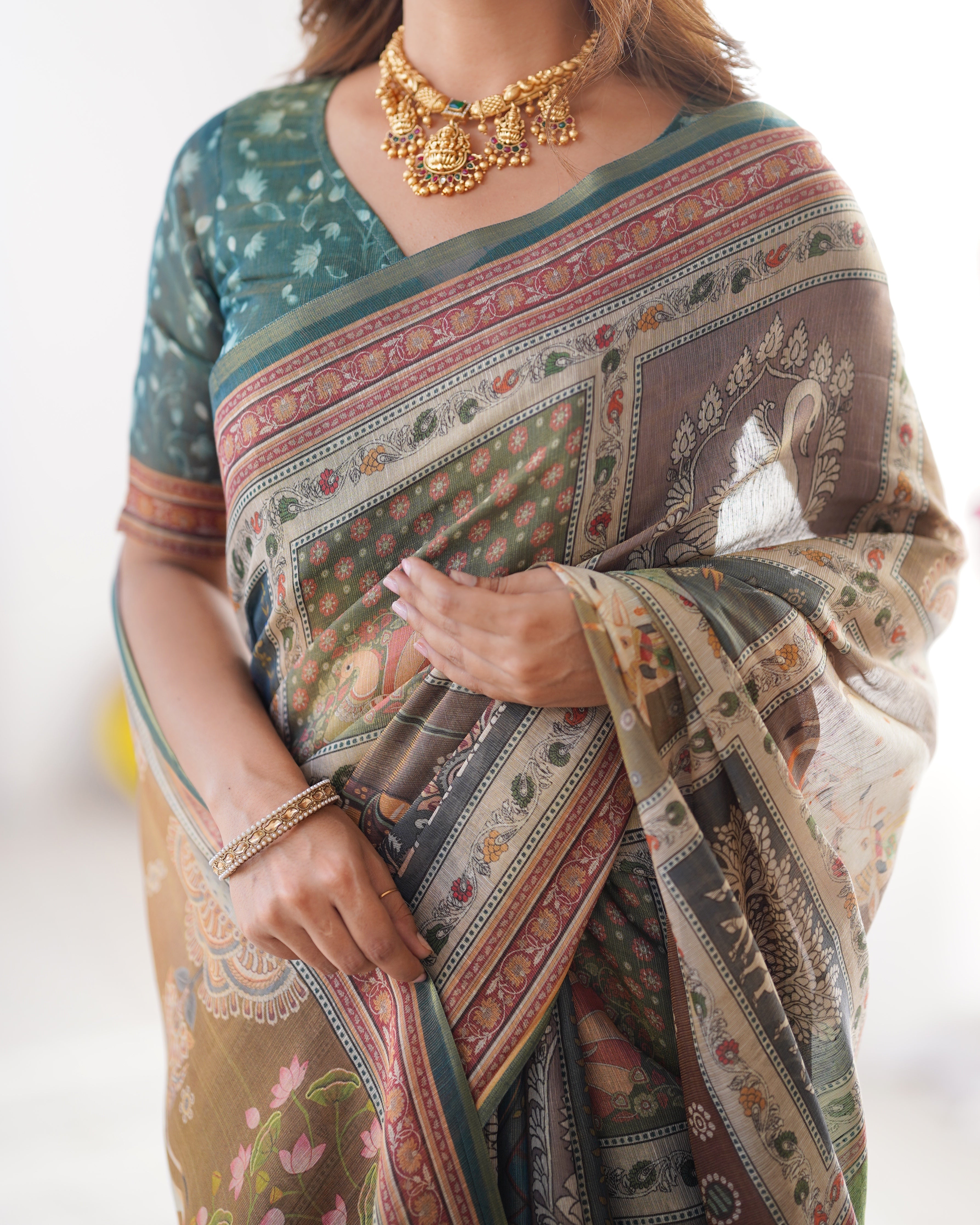 Dusty Olive Grey Handloom Printed Saree with Forest Green Blouse
