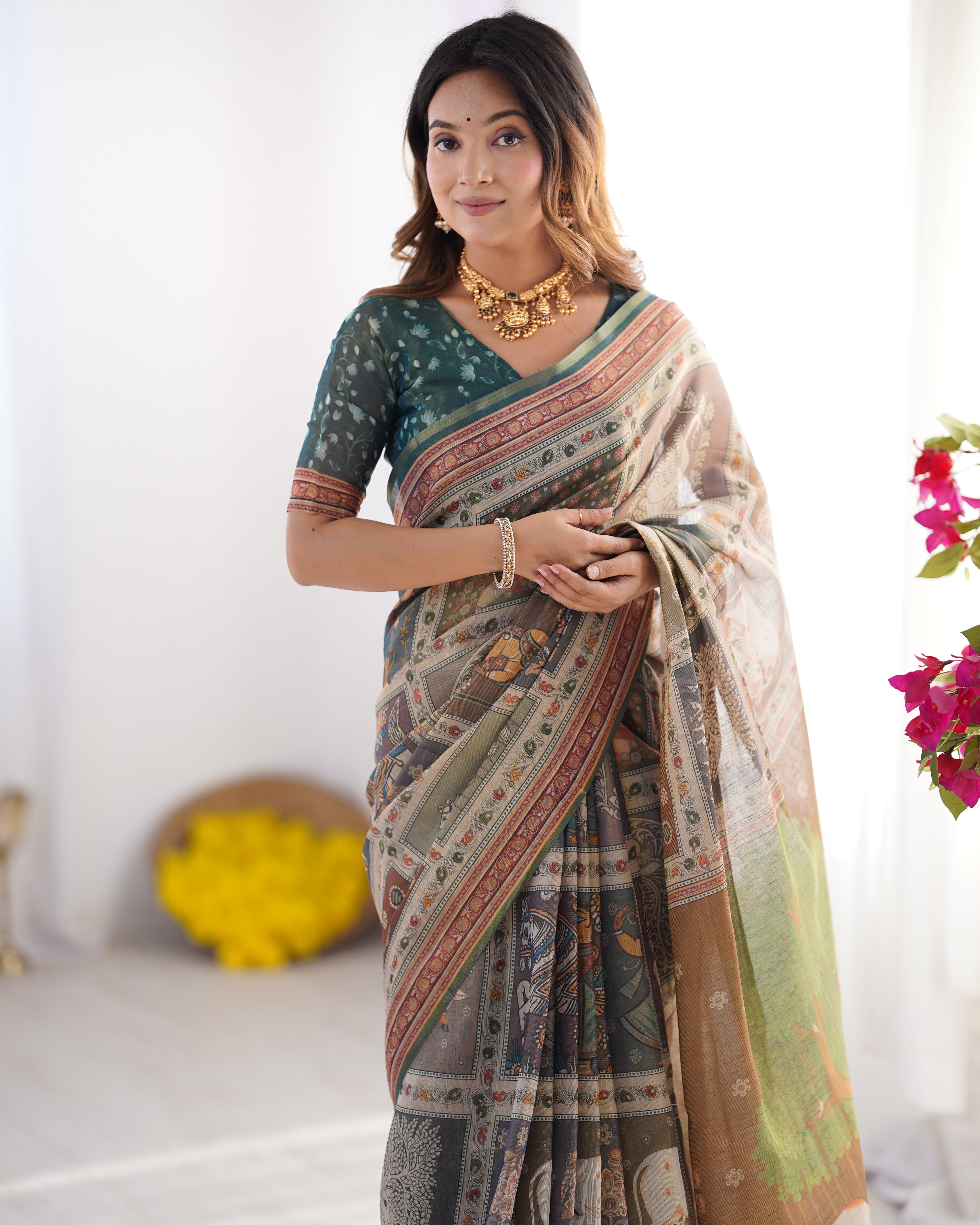 Dusty Olive Grey Handloom Printed Saree with Forest Green Blouse