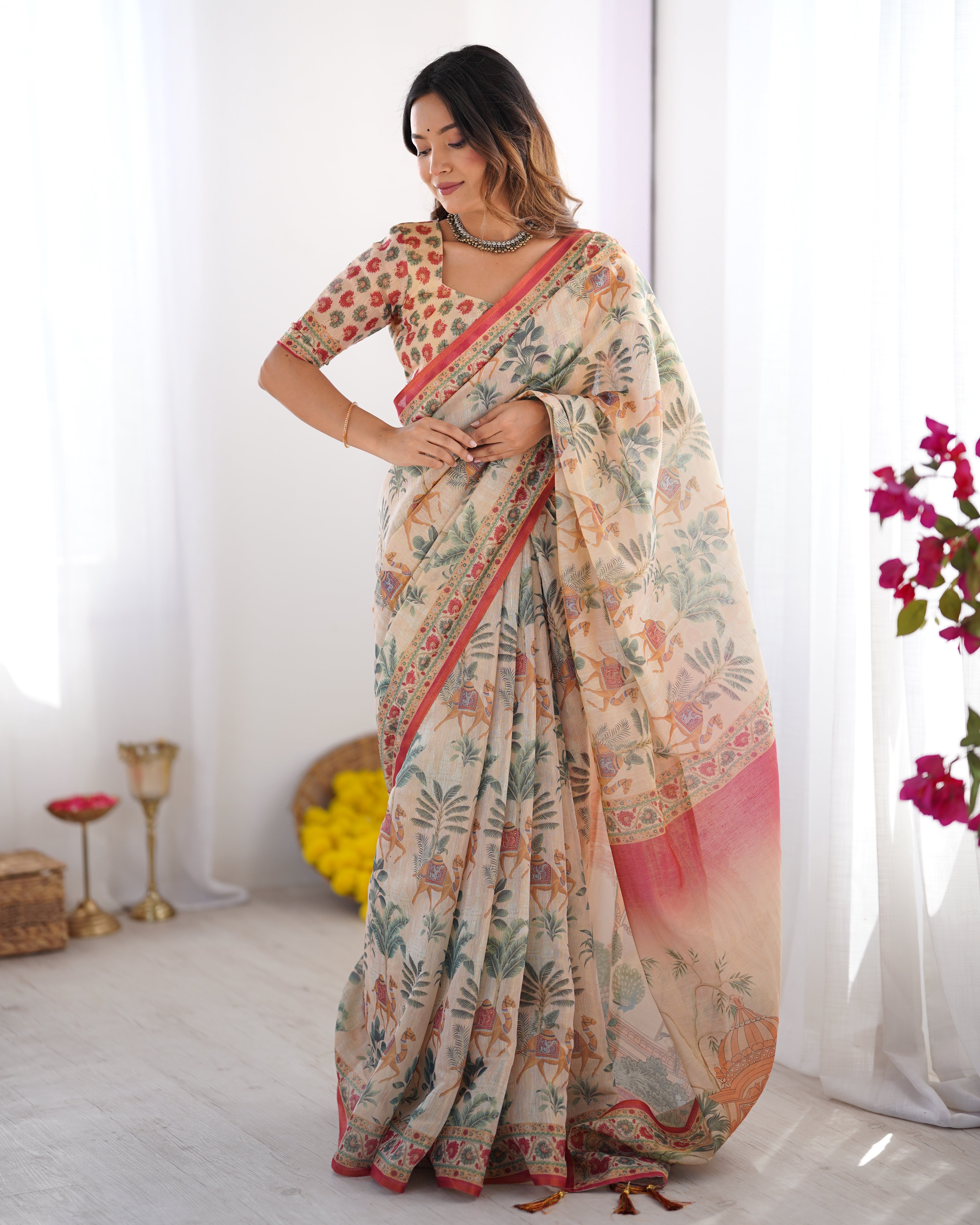 Ivory Beige & Rust Red Handloom Printed Saree