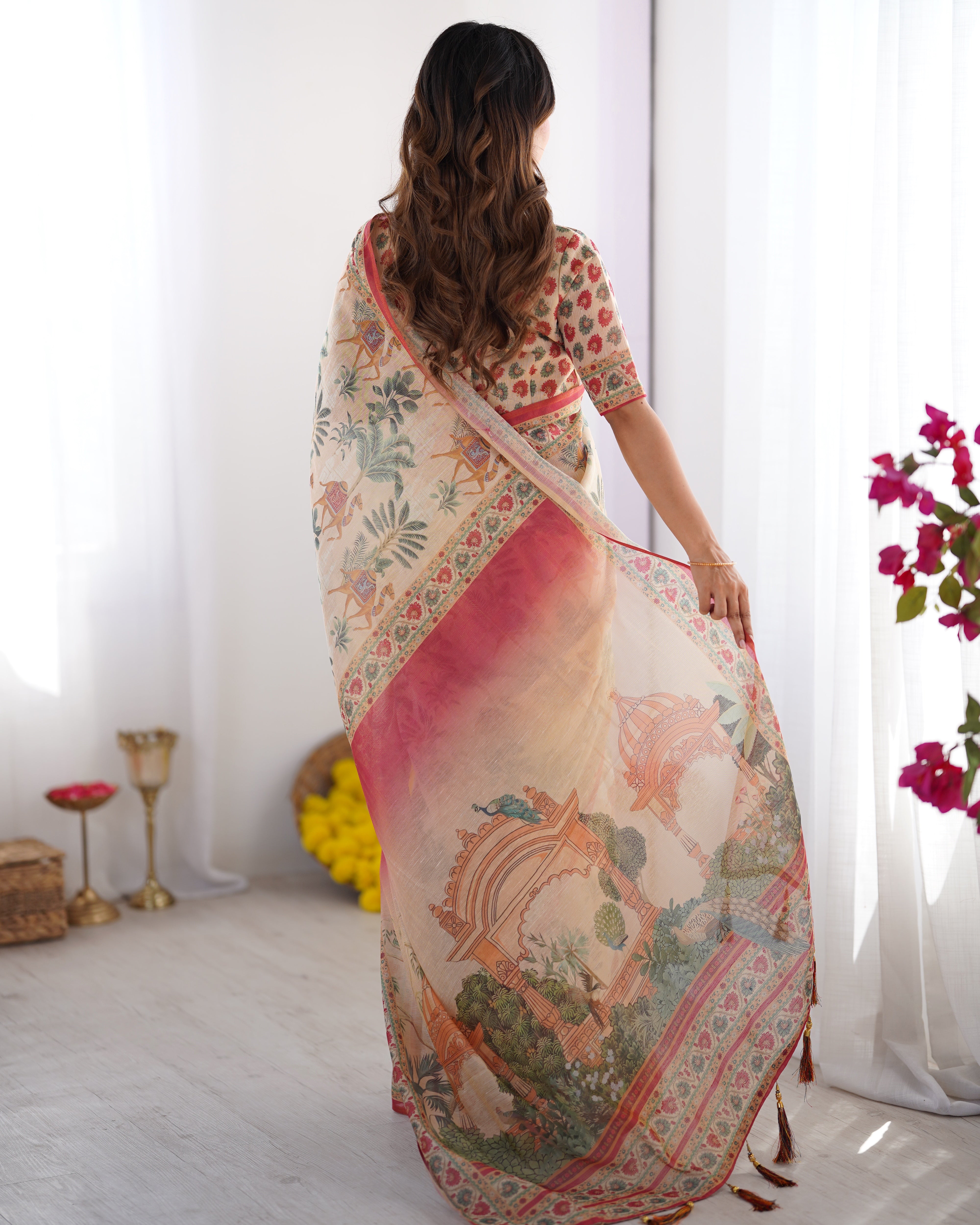 Ivory Beige & Rust Red Handloom Printed Saree
