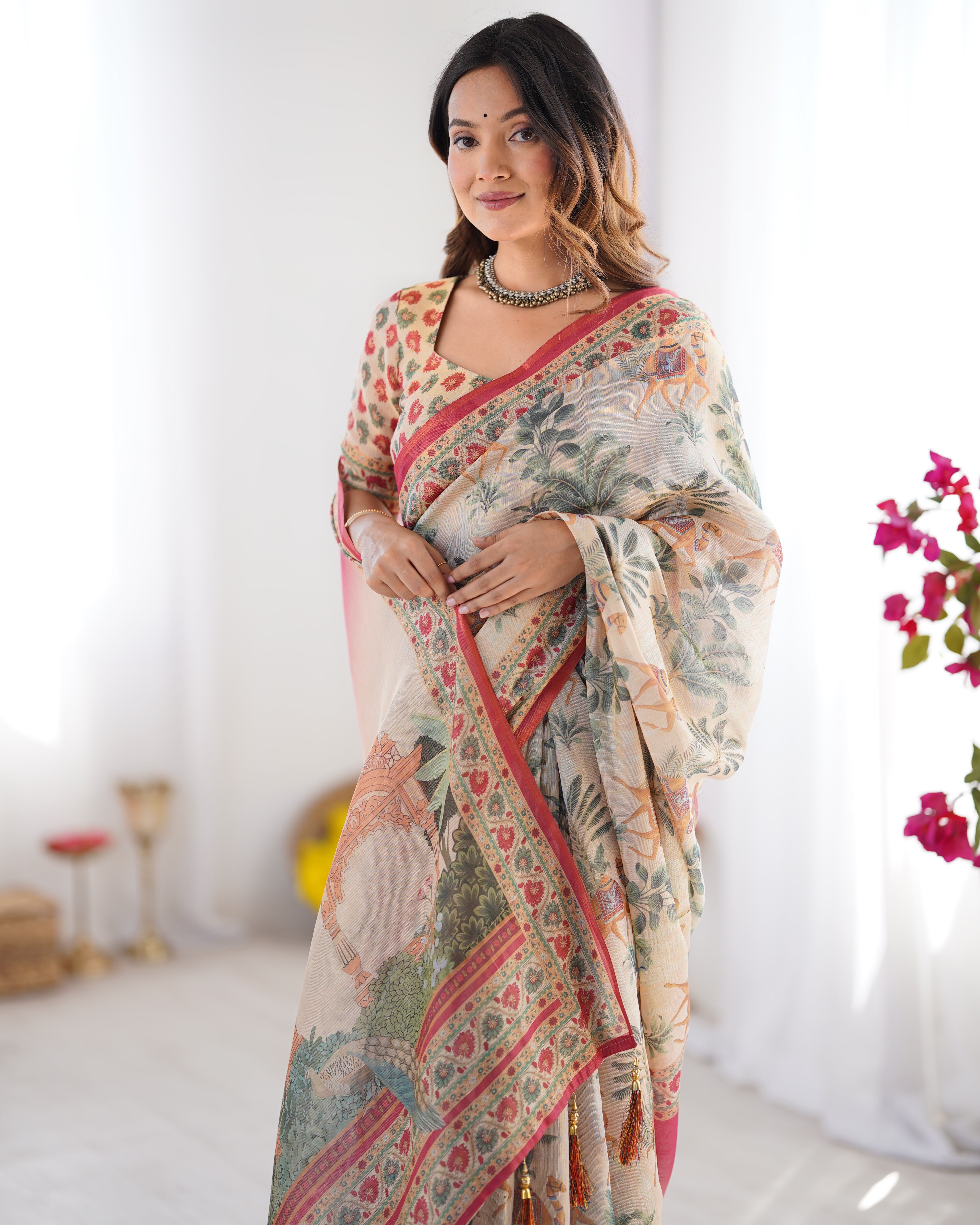 Ivory Beige & Rust Red Handloom Printed Saree