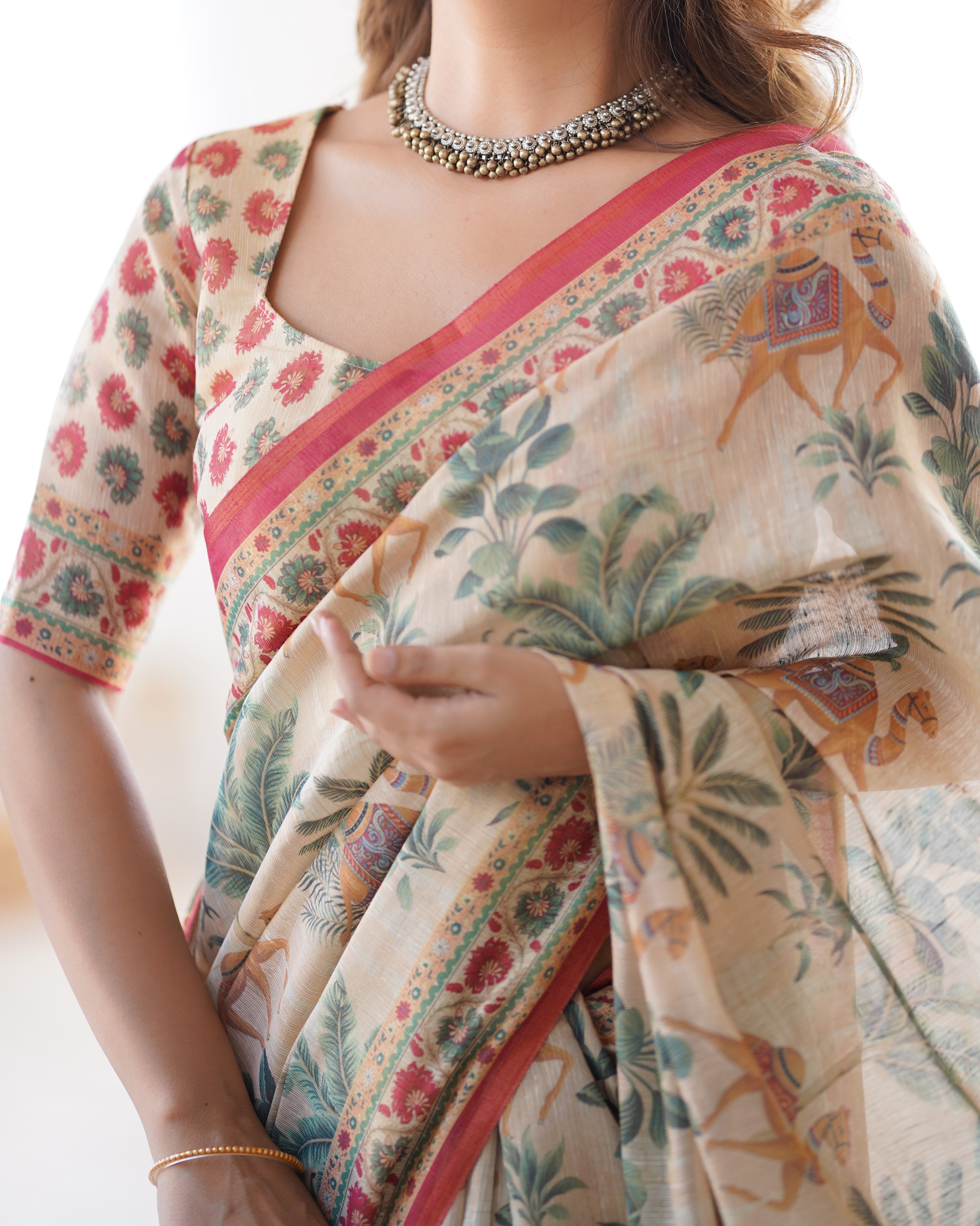 Ivory Beige & Rust Red Handloom Printed Saree