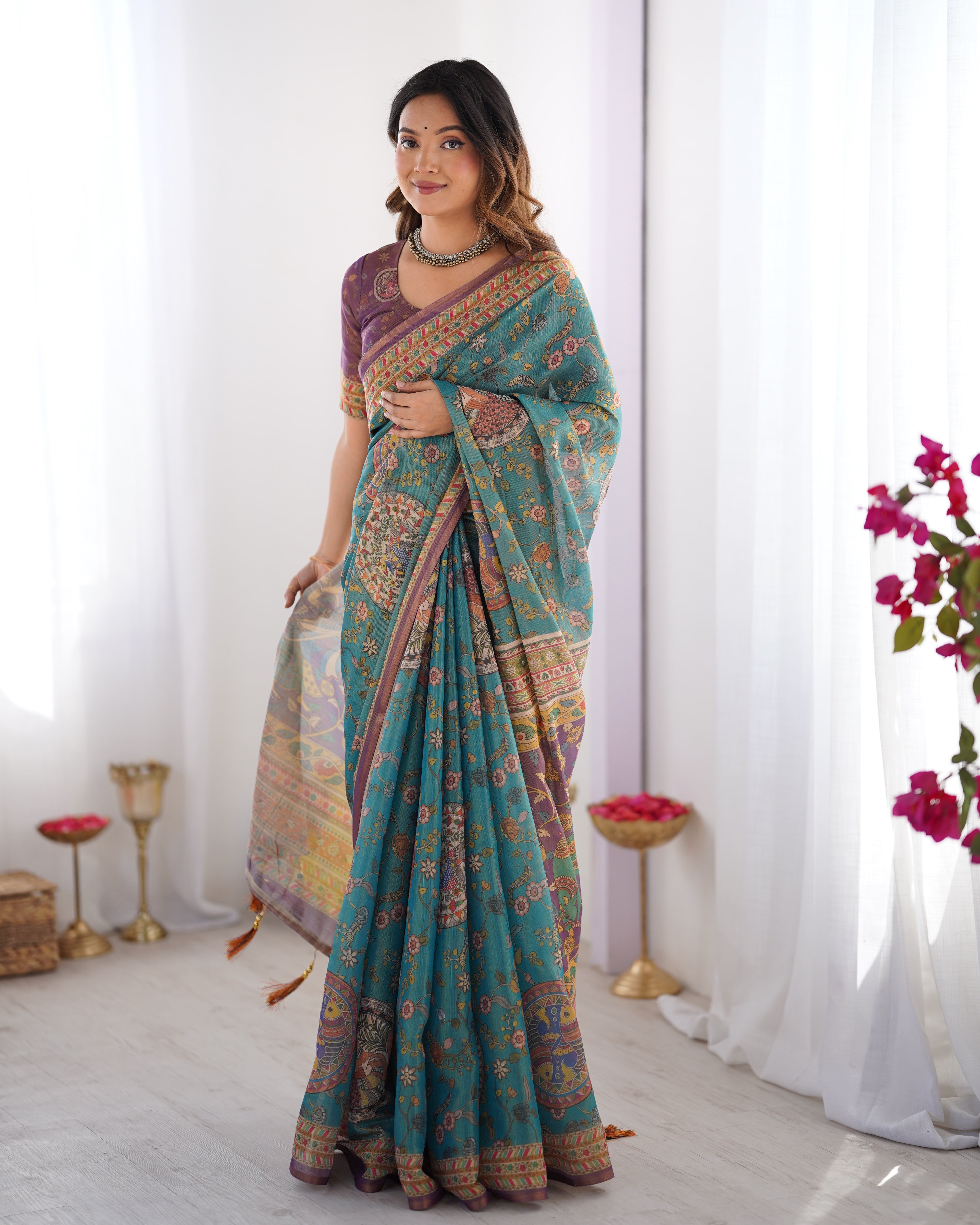 Teal Blue & Purple Handloom Printed Saree