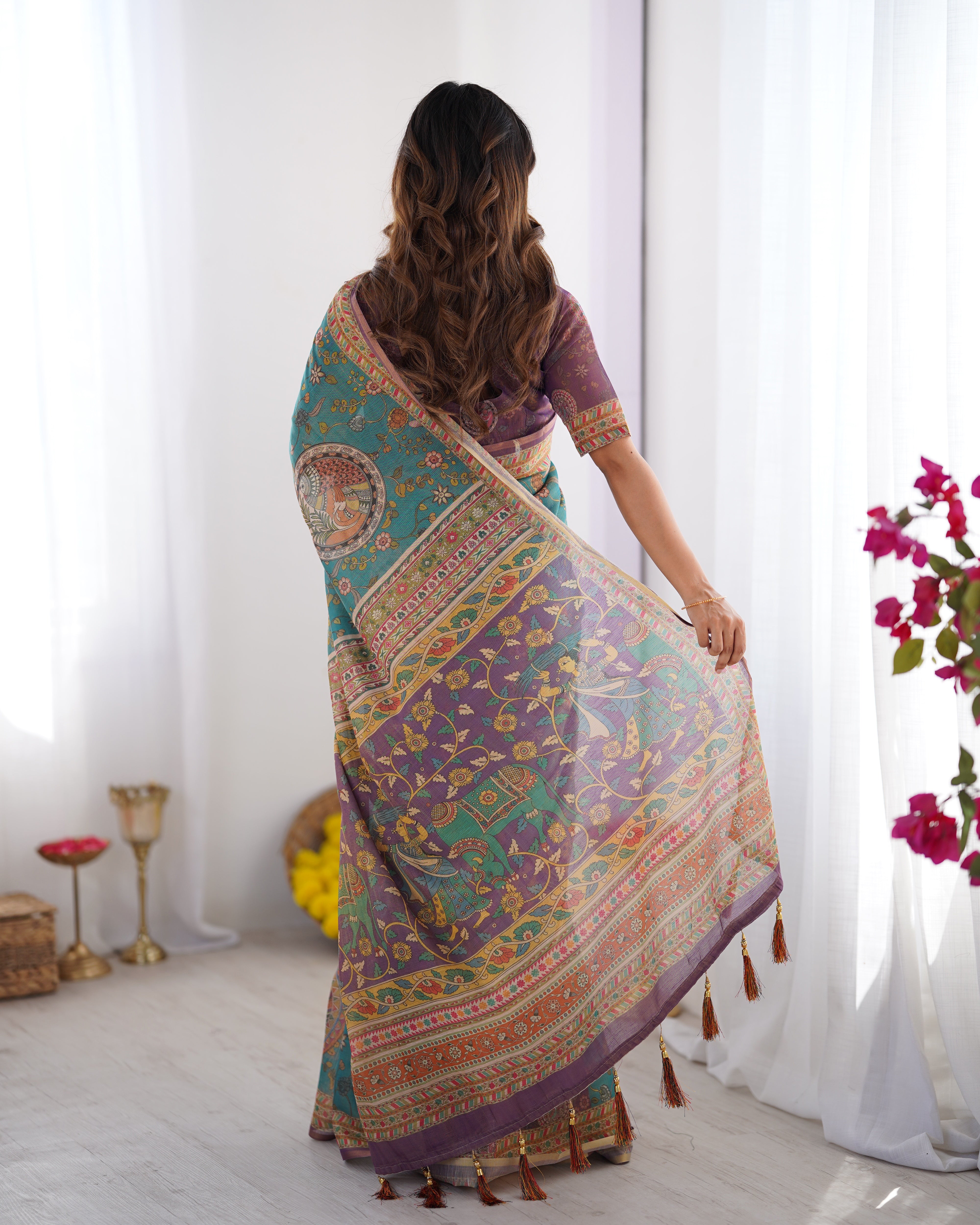 Teal Blue & Purple Handloom Printed Saree