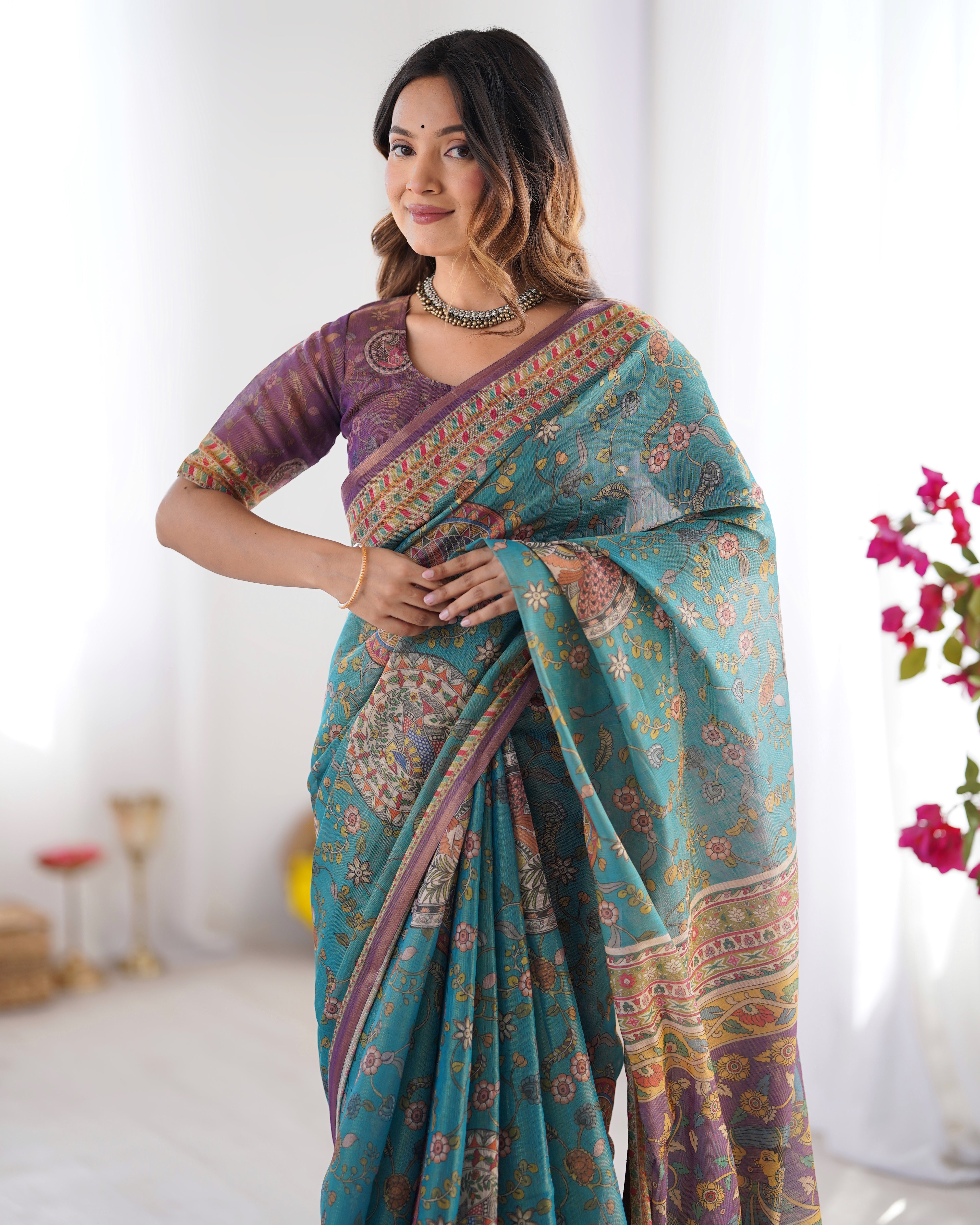 Teal Blue & Purple Handloom Printed Saree