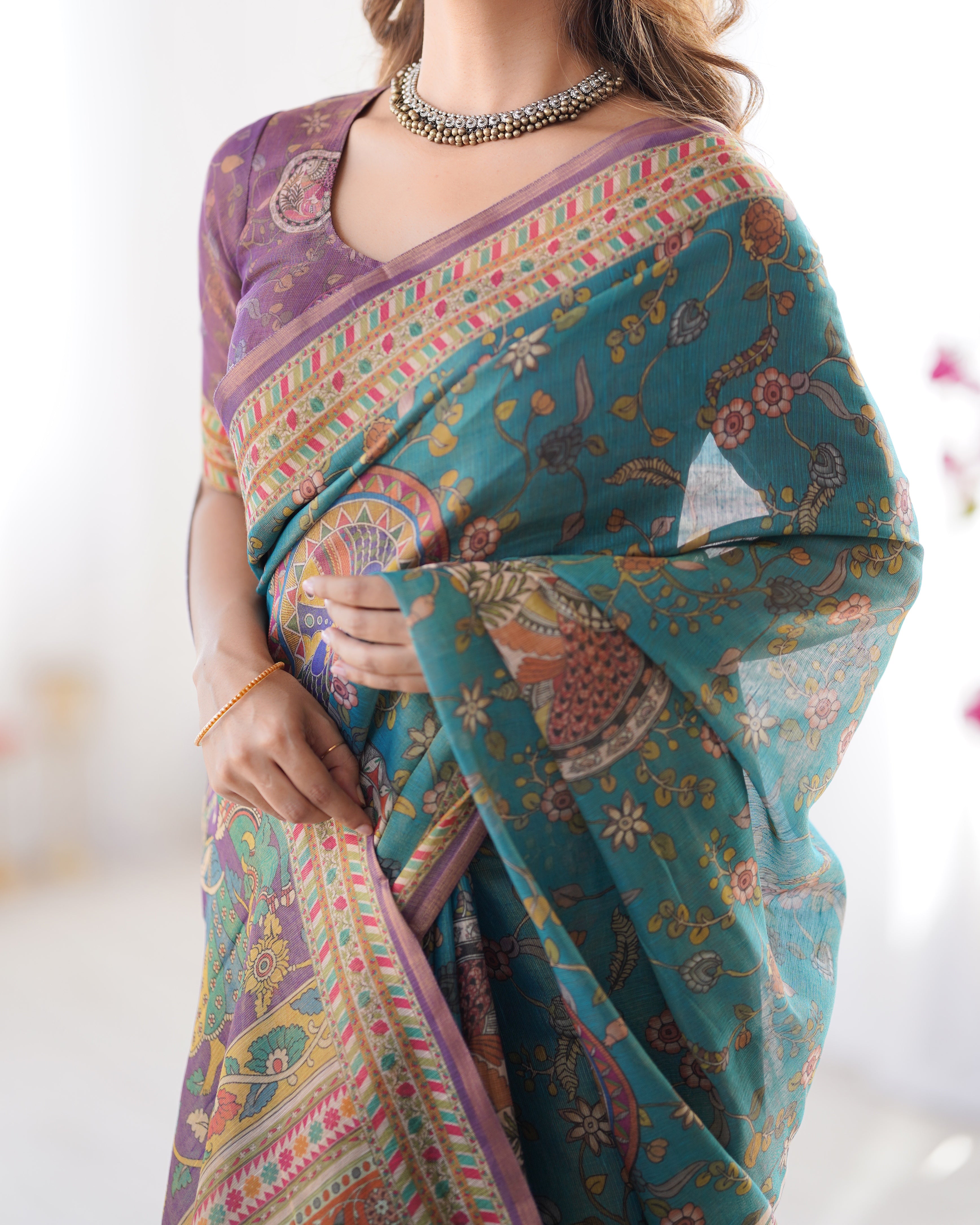 Teal Blue & Purple Handloom Printed Saree