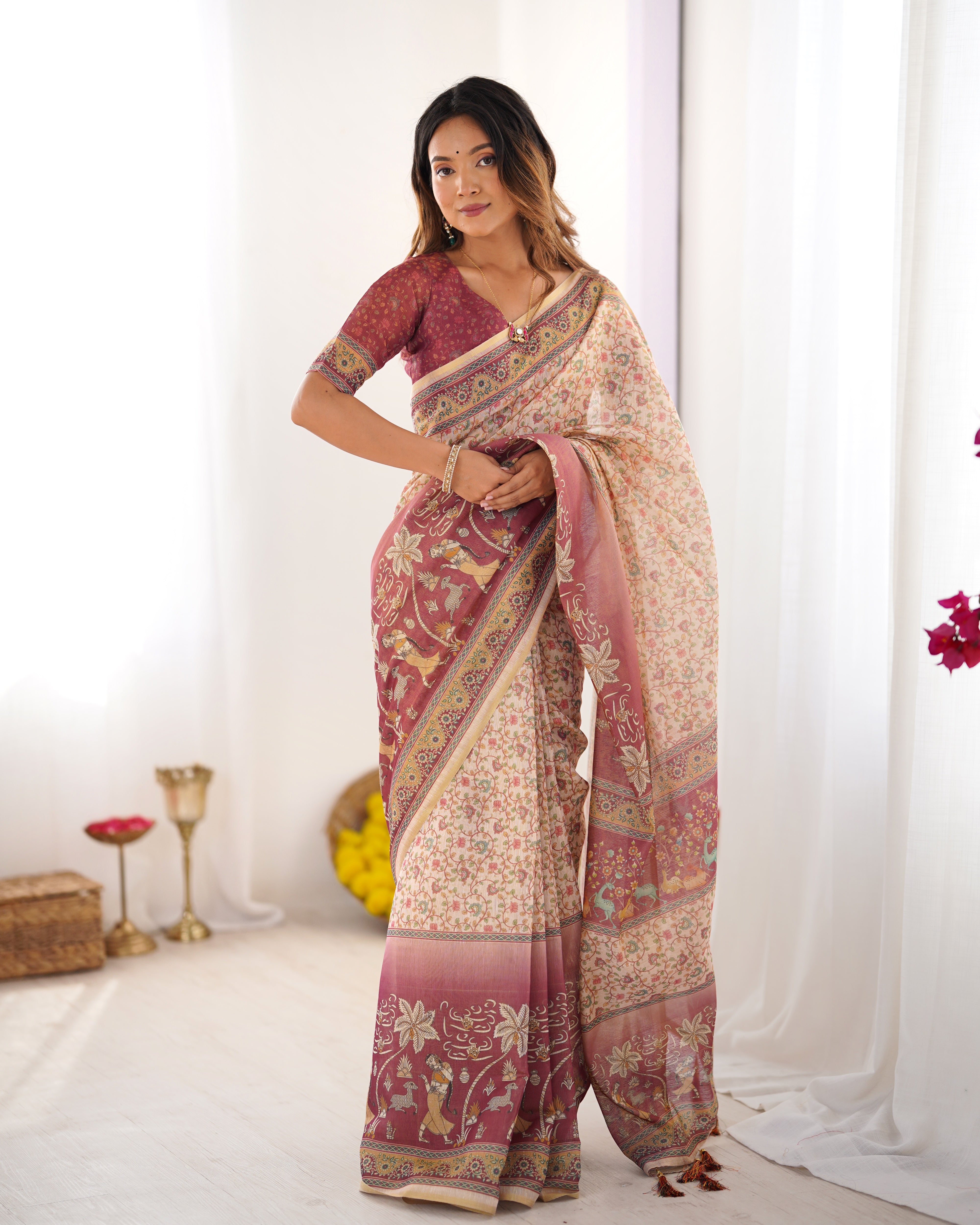 Cream & Rose Pink Handloom Printed Saree 