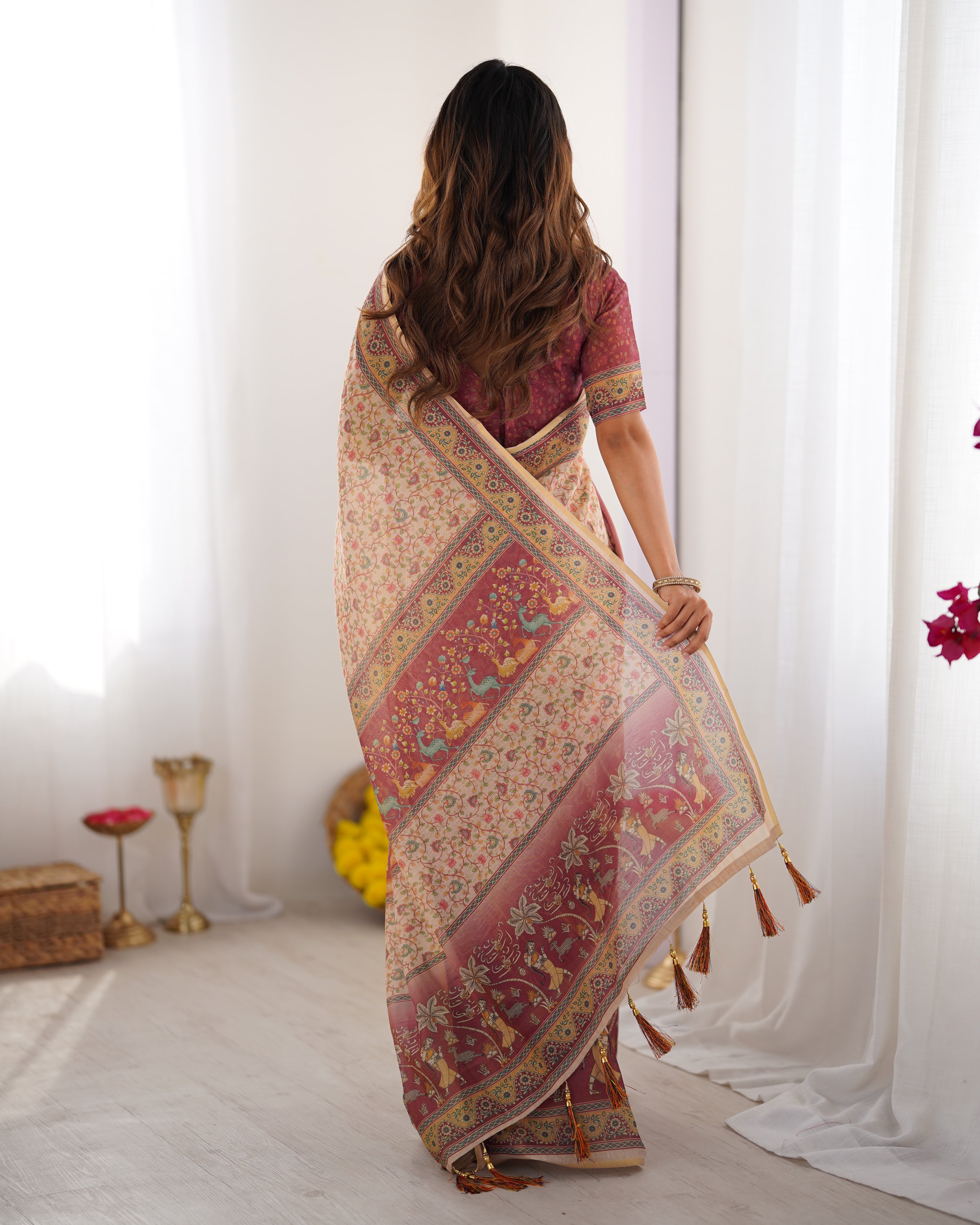 Cream & Rose Pink Handloom Printed Saree 
