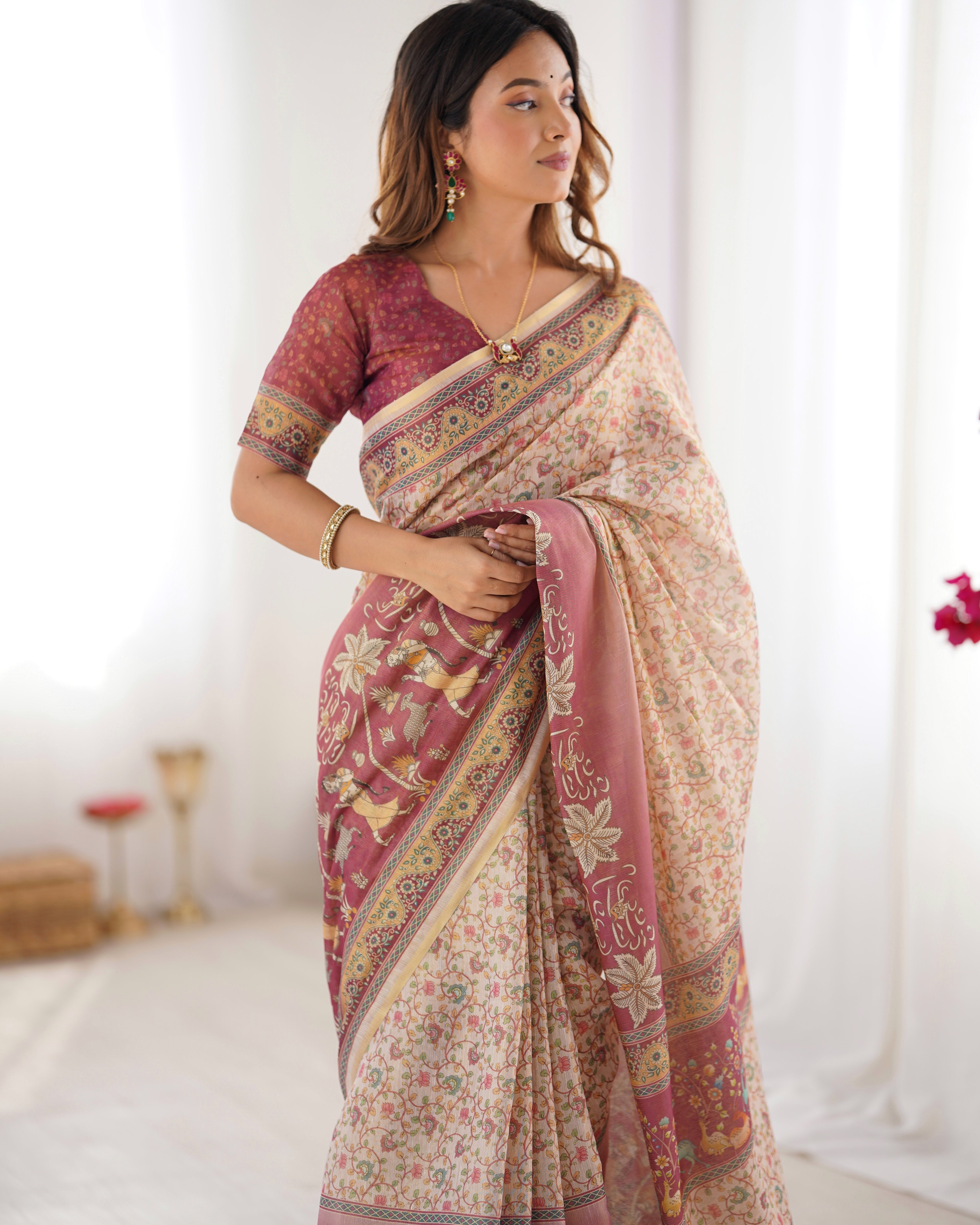 Cream & Rose Pink Handloom Printed Saree 