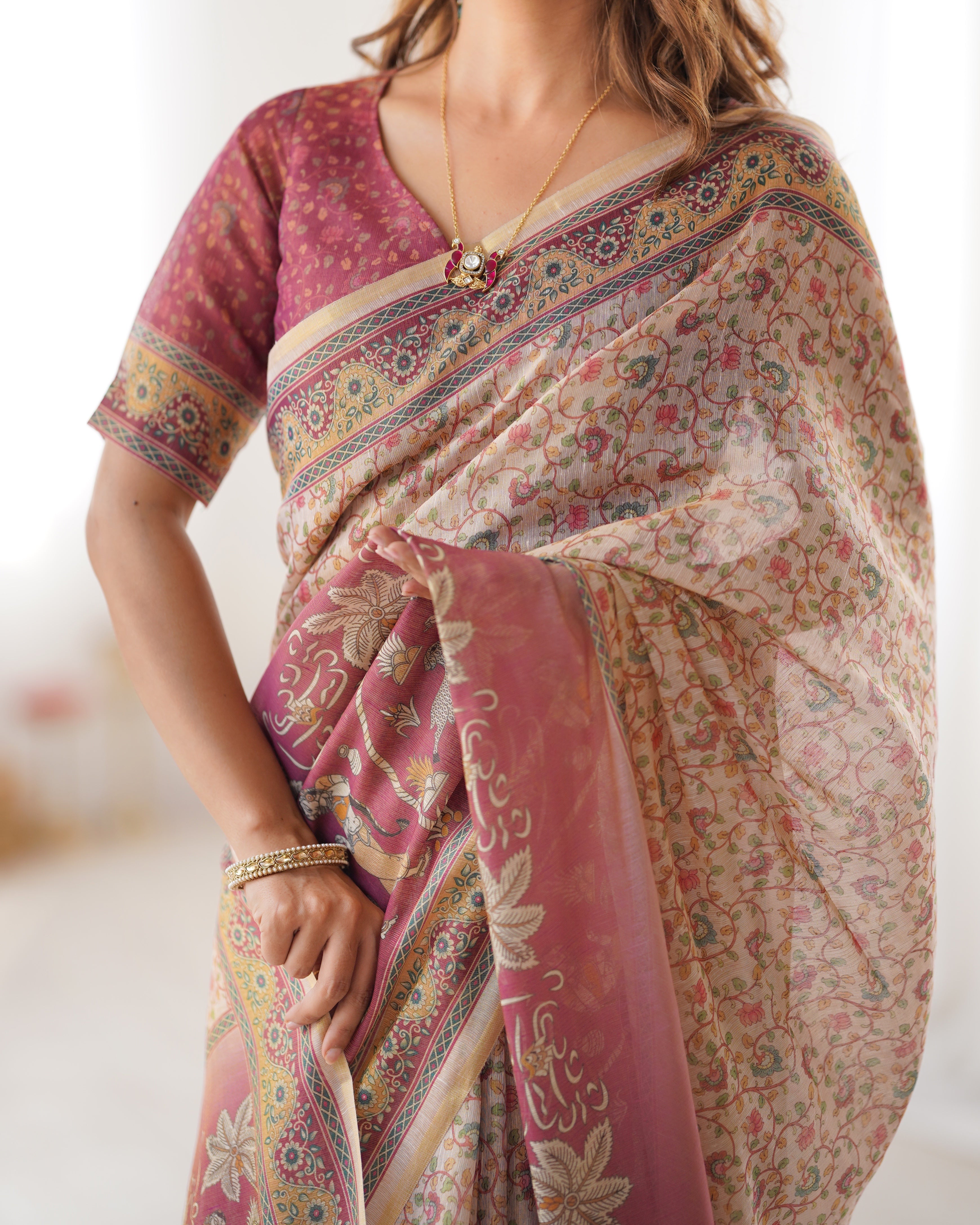 Cream & Rose Pink Handloom Printed Saree 