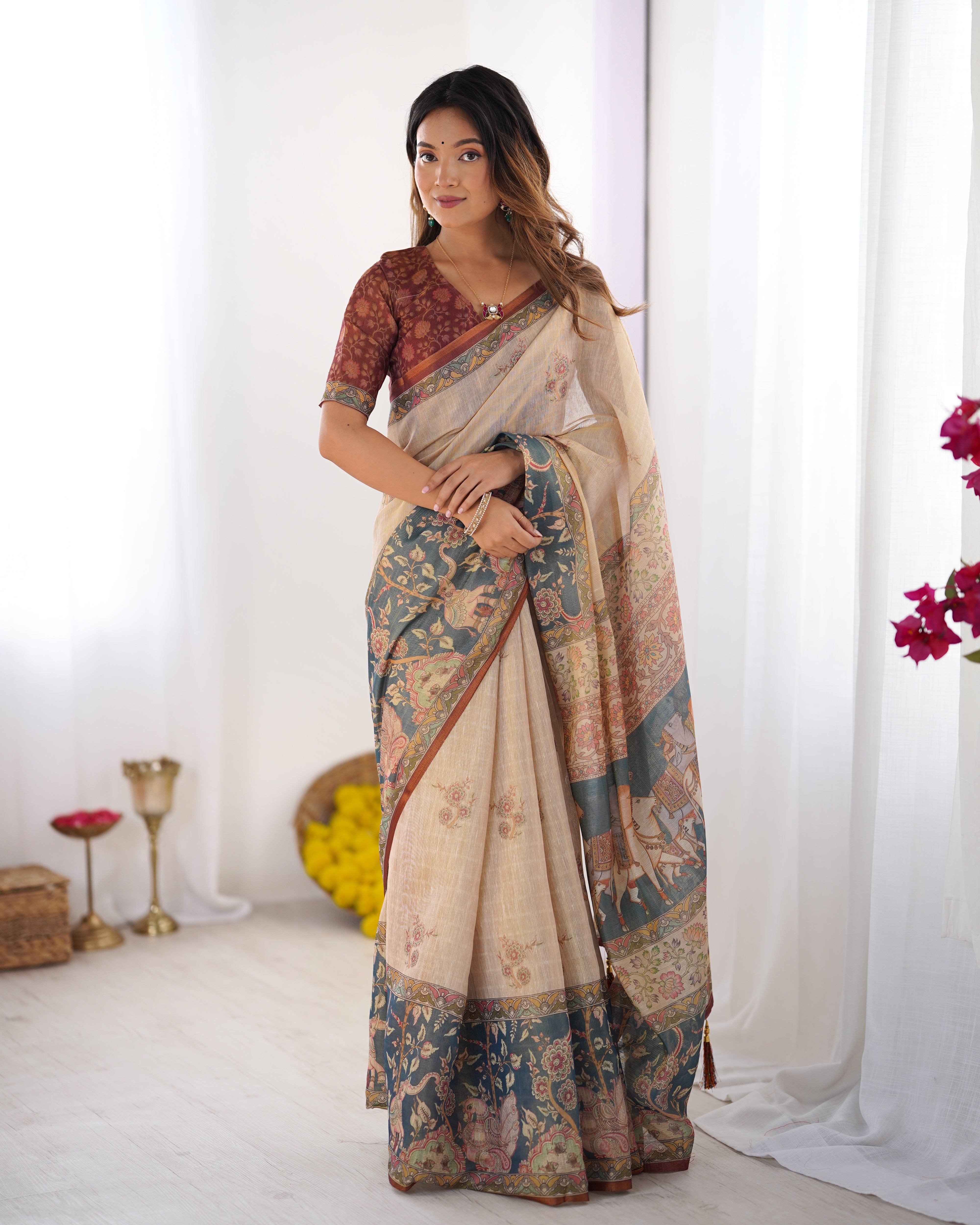 Classic Beige Linen Base with Teal Blue & Maroon Accents Cotton Saree