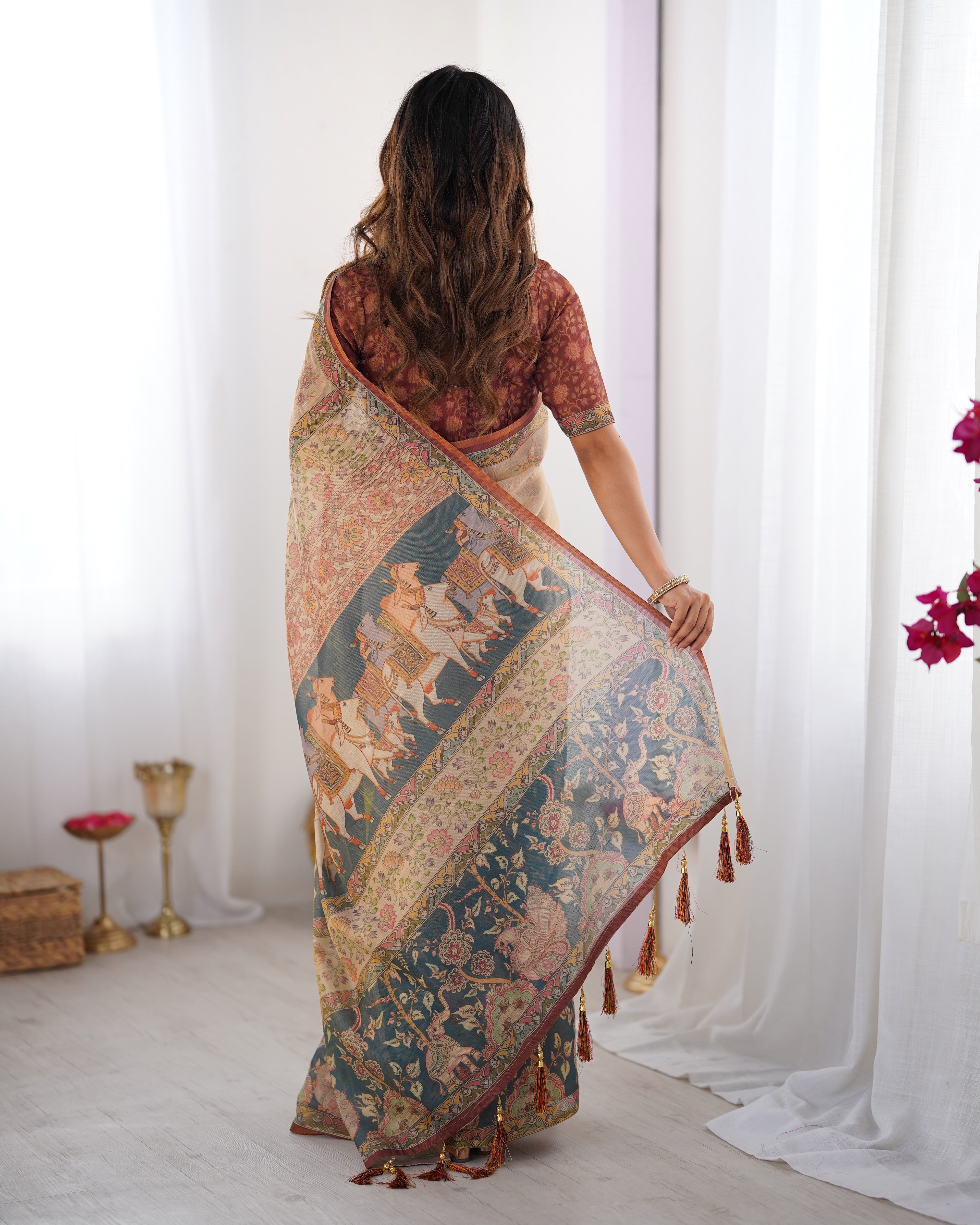 Classic Beige Linen Base with Teal Blue & Maroon Accents Cotton Saree