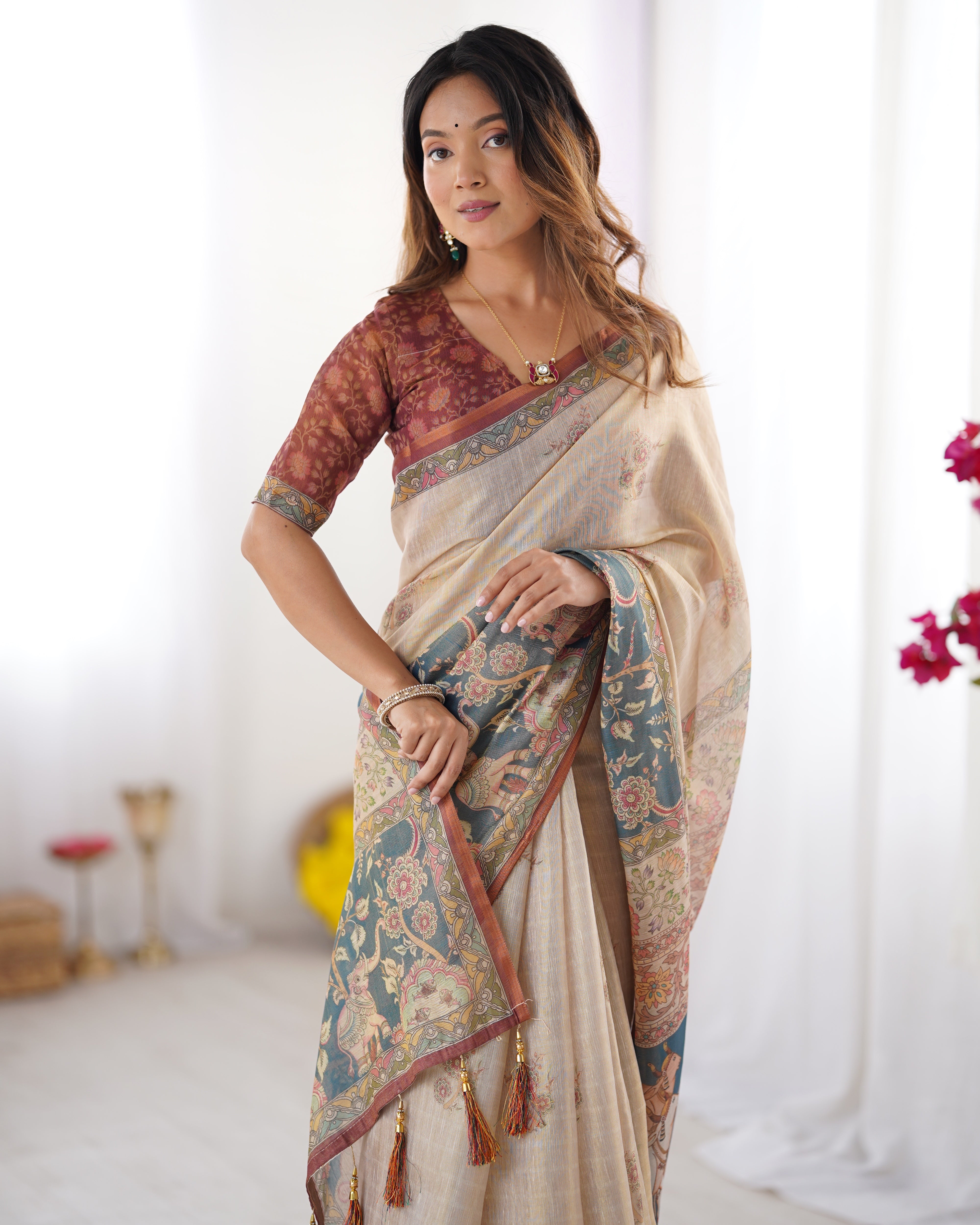 Classic Beige Linen Base with Teal Blue & Maroon Accents Cotton Saree