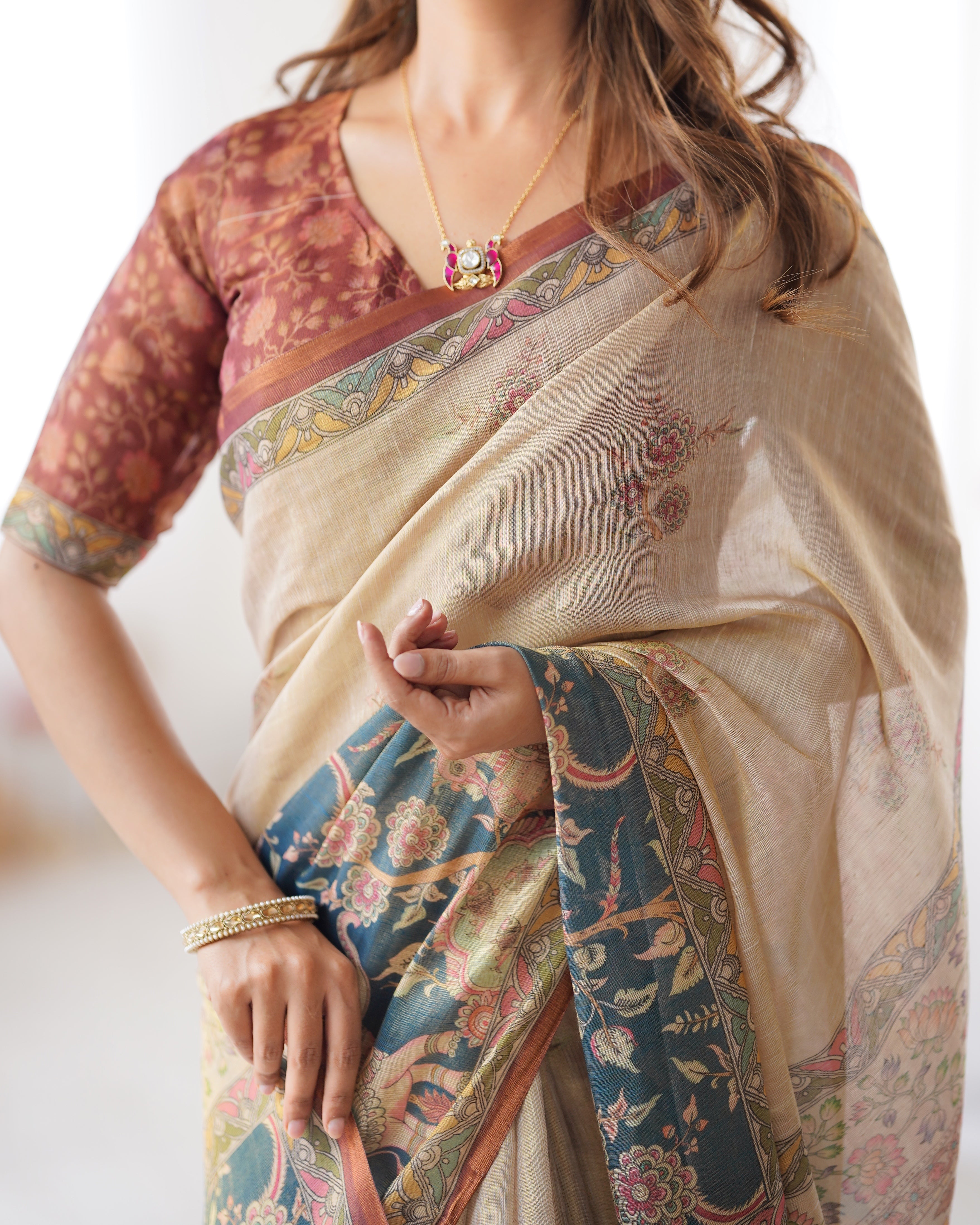 Classic Beige Linen Base with Teal Blue & Maroon Accents Cotton Saree