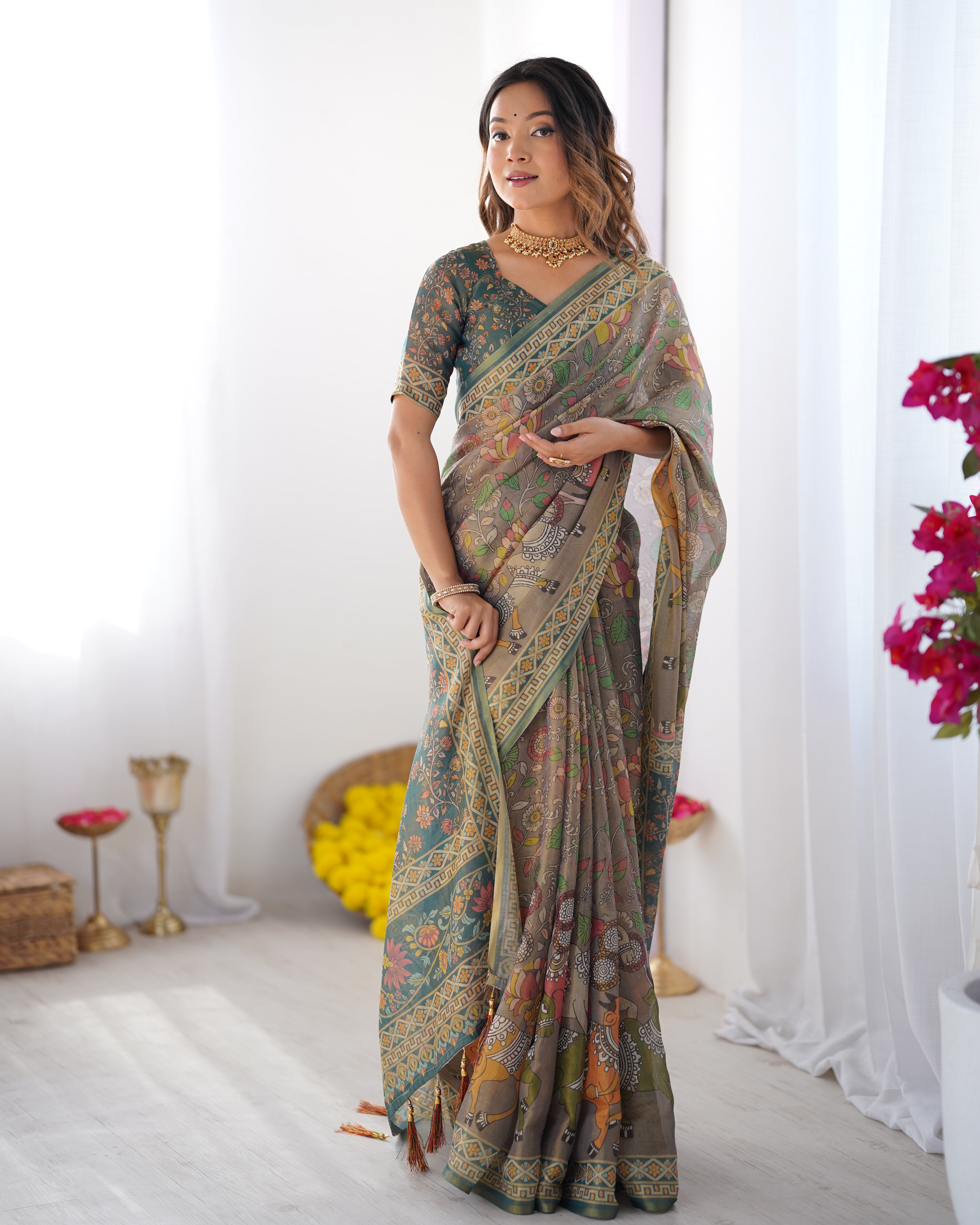 Olive Grey Handloom Printed Saree with Peacock & Elephant Pallu Cotton Saree