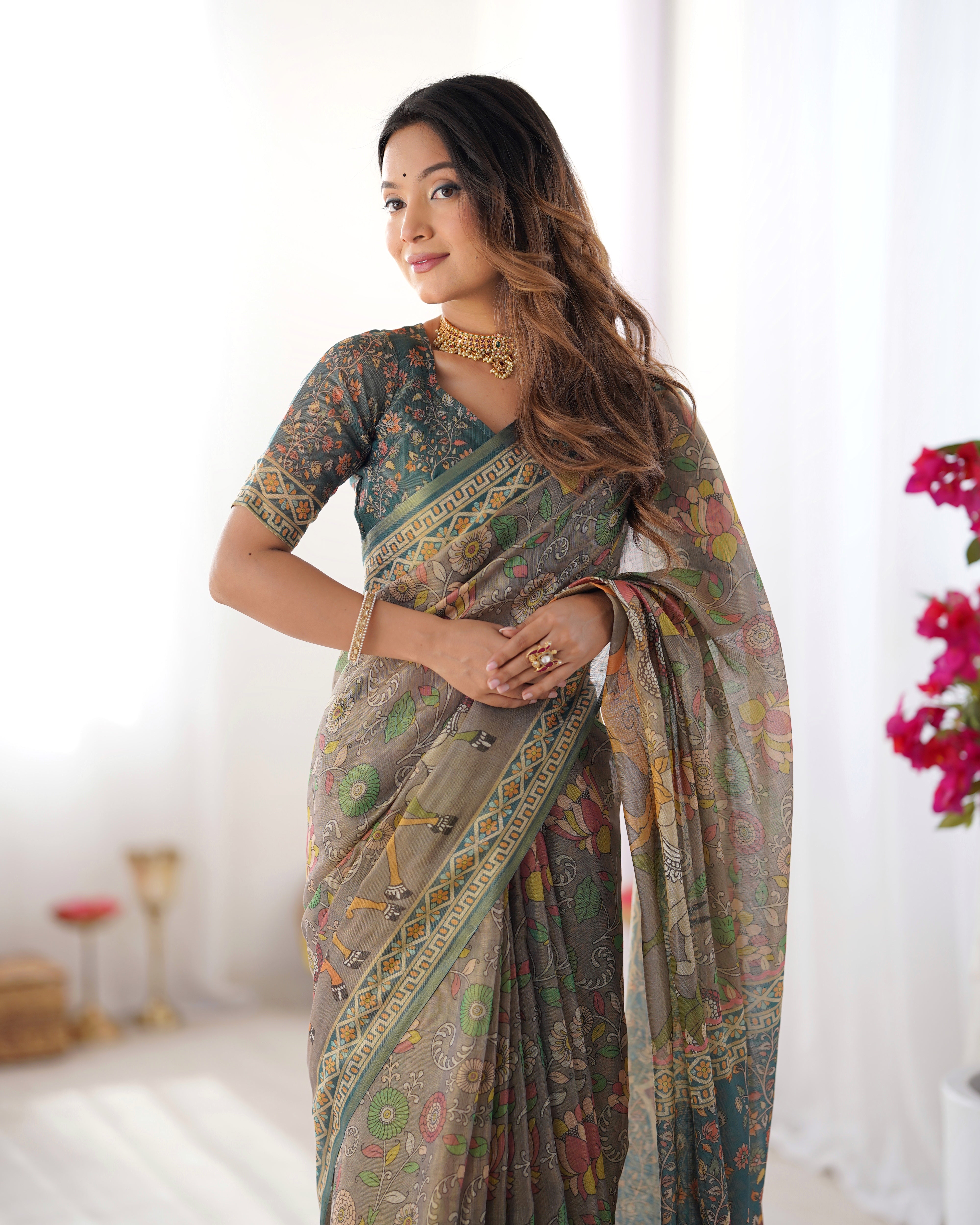 Olive Grey Handloom Printed Saree with Peacock & Elephant Pallu Cotton Saree