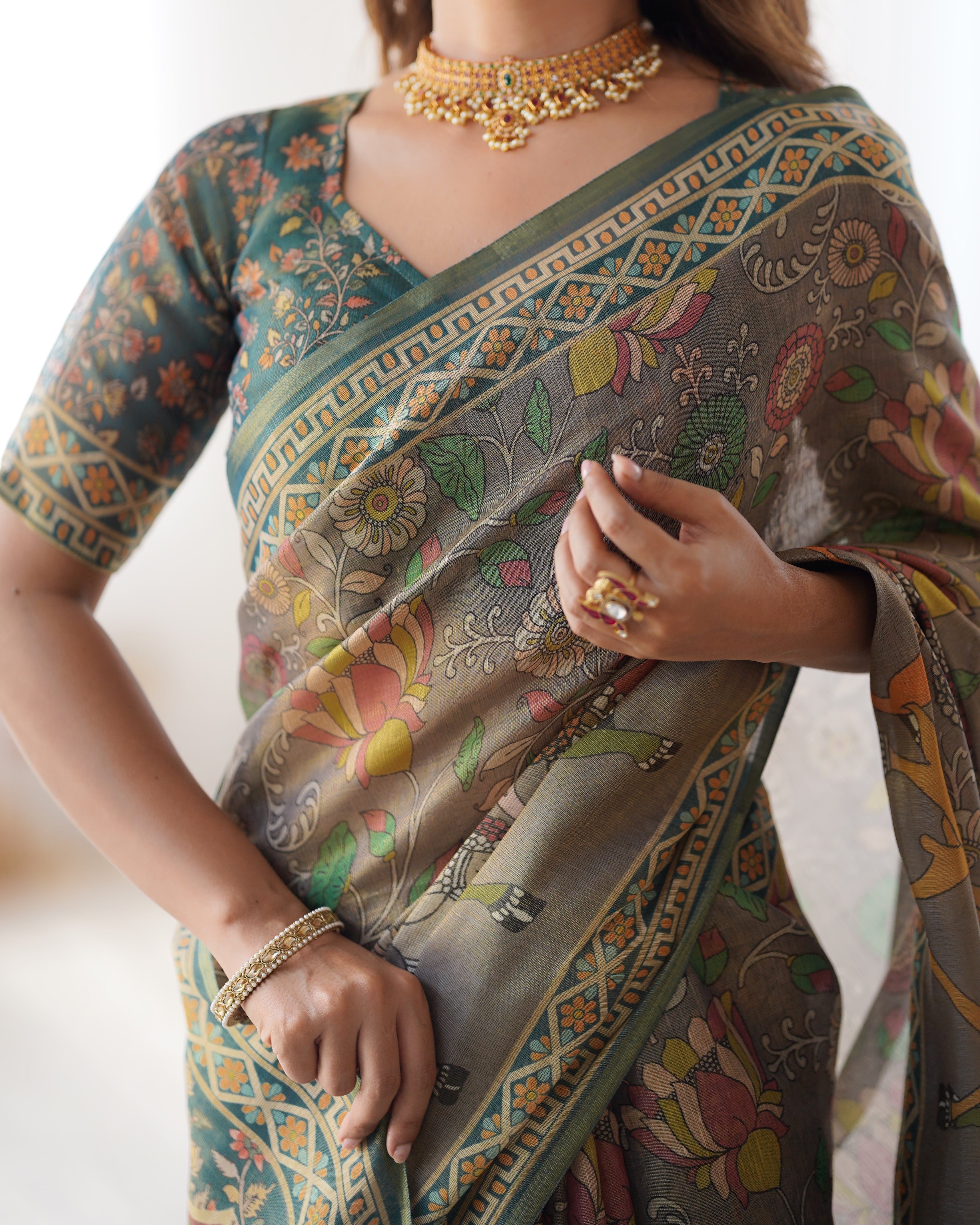 Olive Grey Handloom Printed Saree with Peacock & Elephant Pallu Cotton Saree