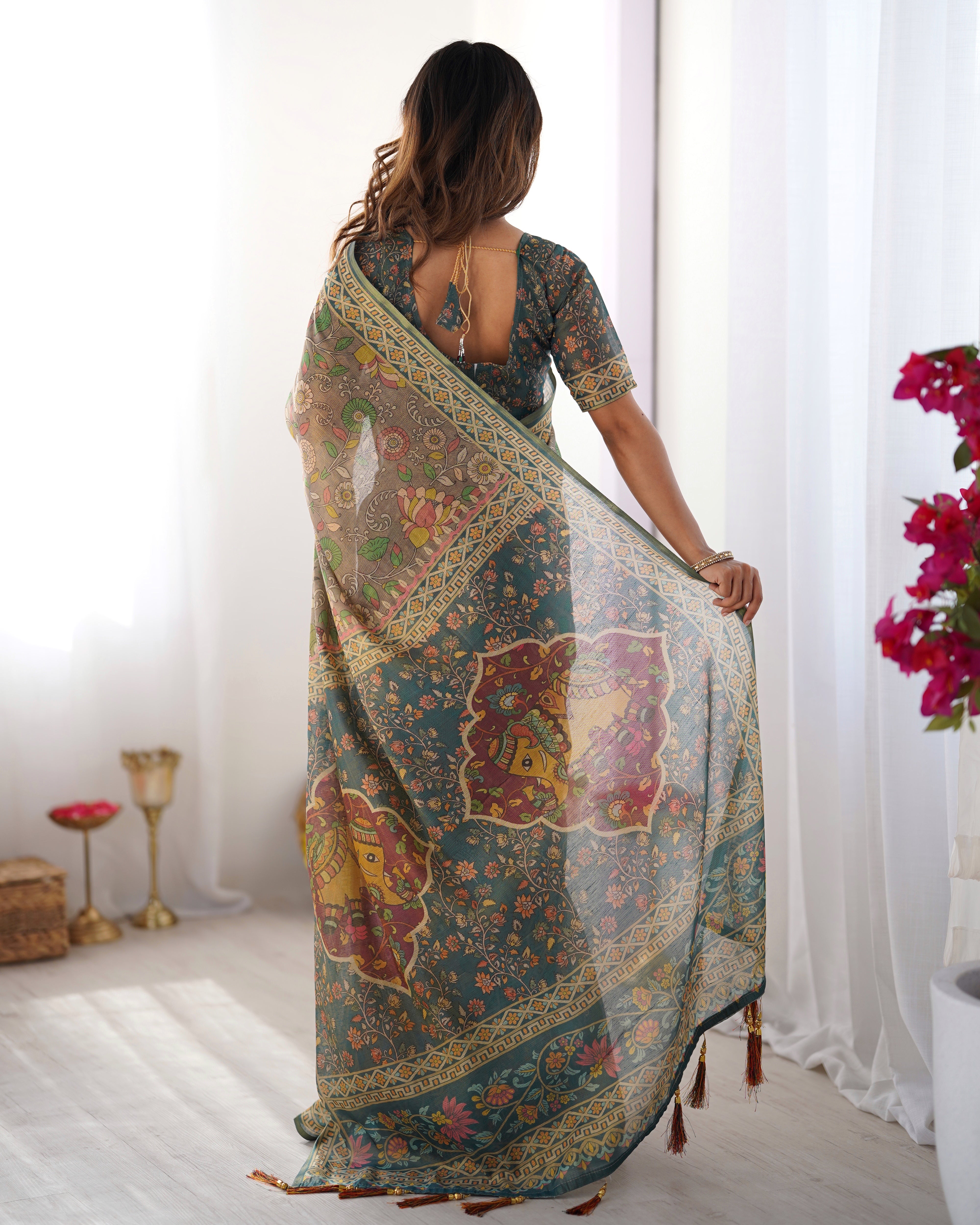 Olive Grey Handloom Printed Saree with Peacock & Elephant Pallu Cotton Saree