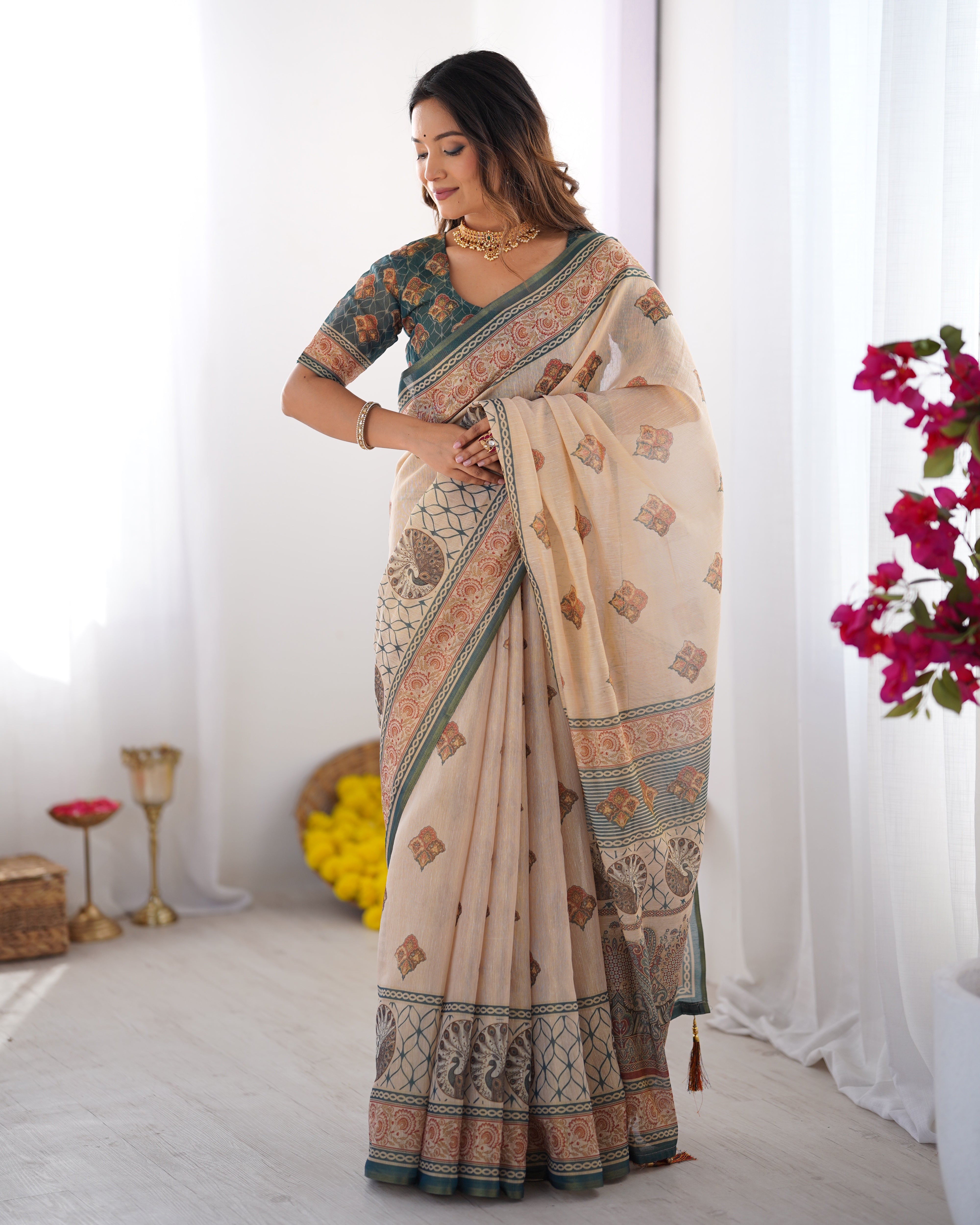 Cream base with Bottle Green & Rust accents Cotton Saree