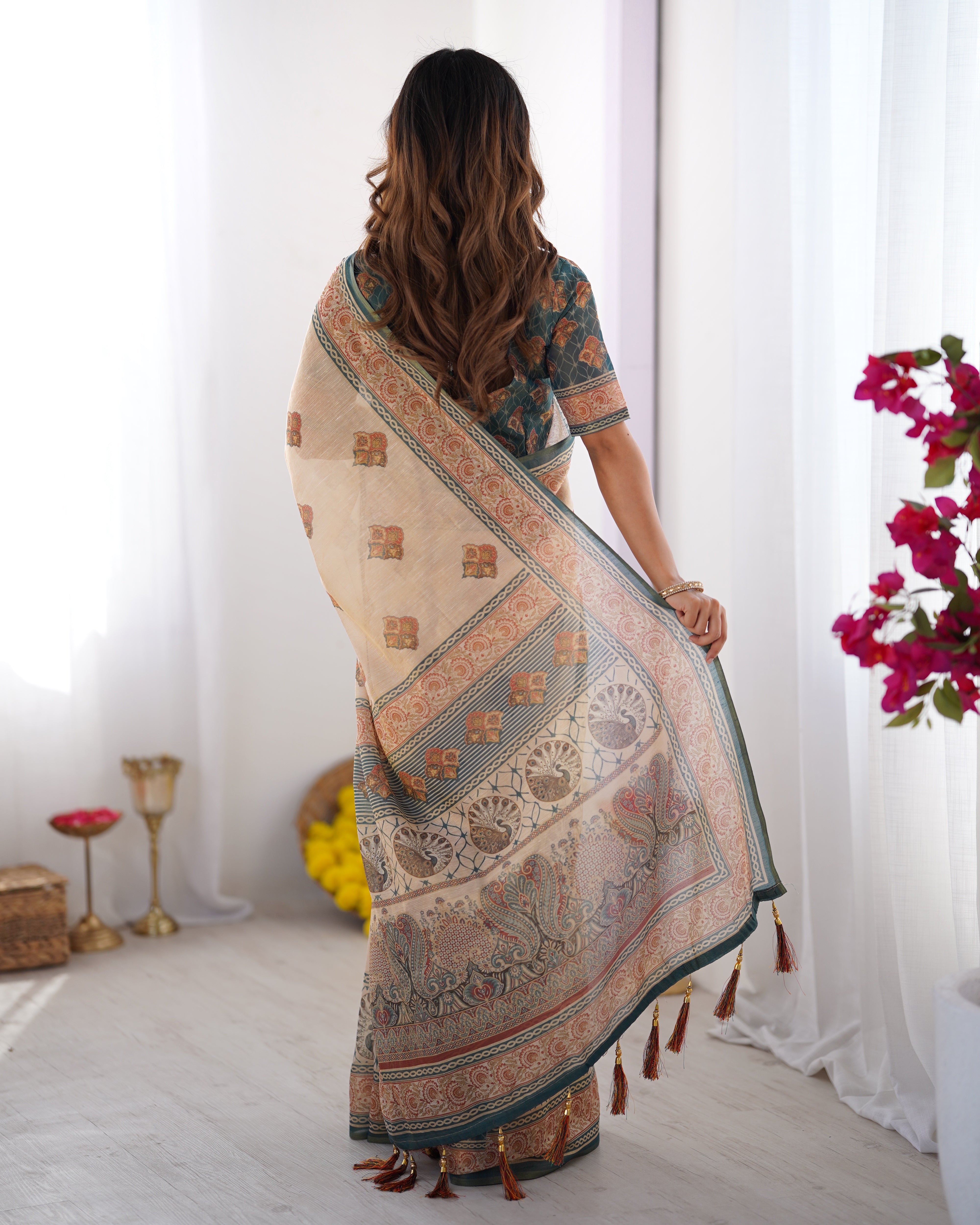 Cream base with Bottle Green & Rust accents Cotton Saree