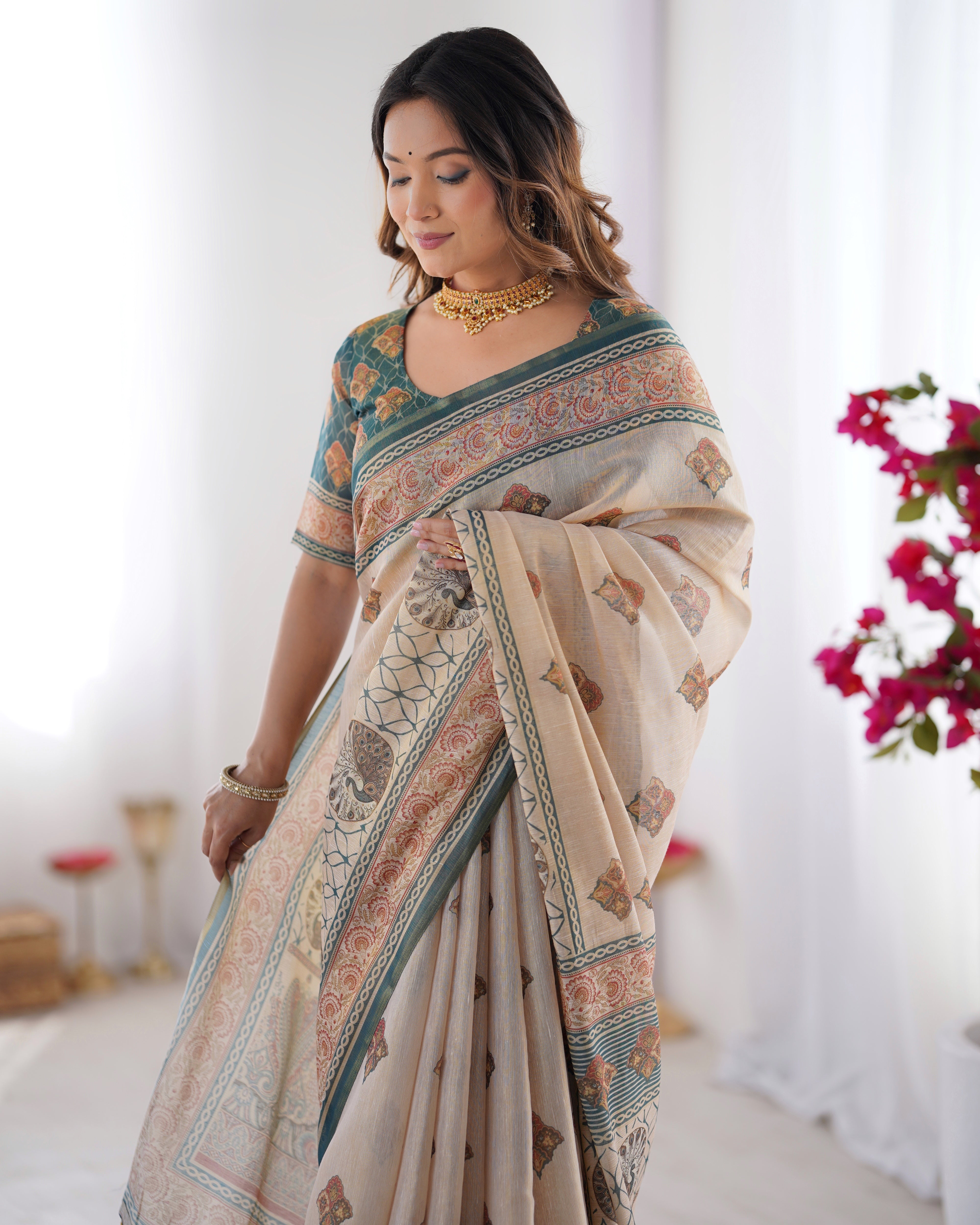 Cream base with Bottle Green & Rust accents Cotton Saree