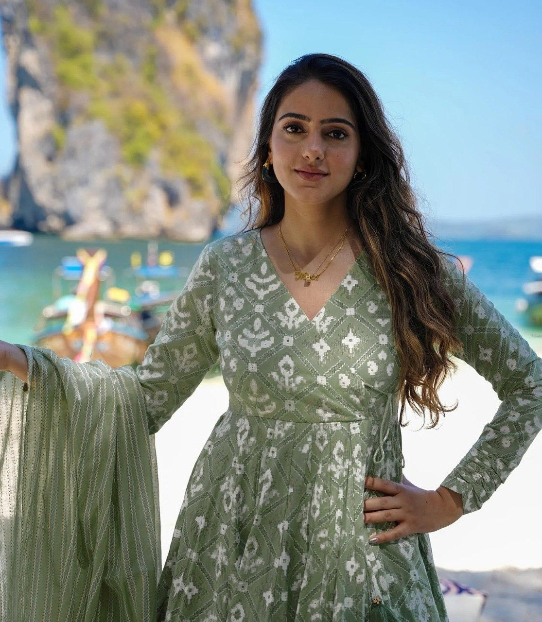 Light Green Rayon Slub Printed Anarkali Suit 