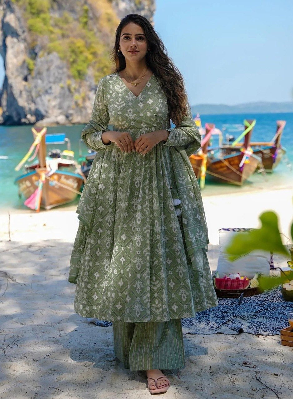 Light Green Rayon Slub Printed Anarkali Suit 