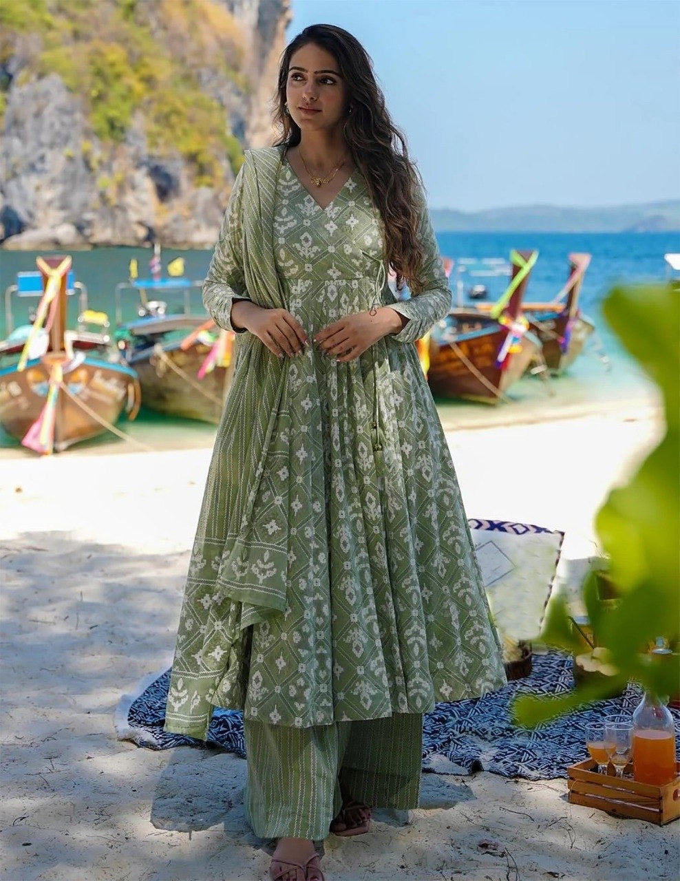 Light Green Rayon Slub Printed Anarkali Suit 