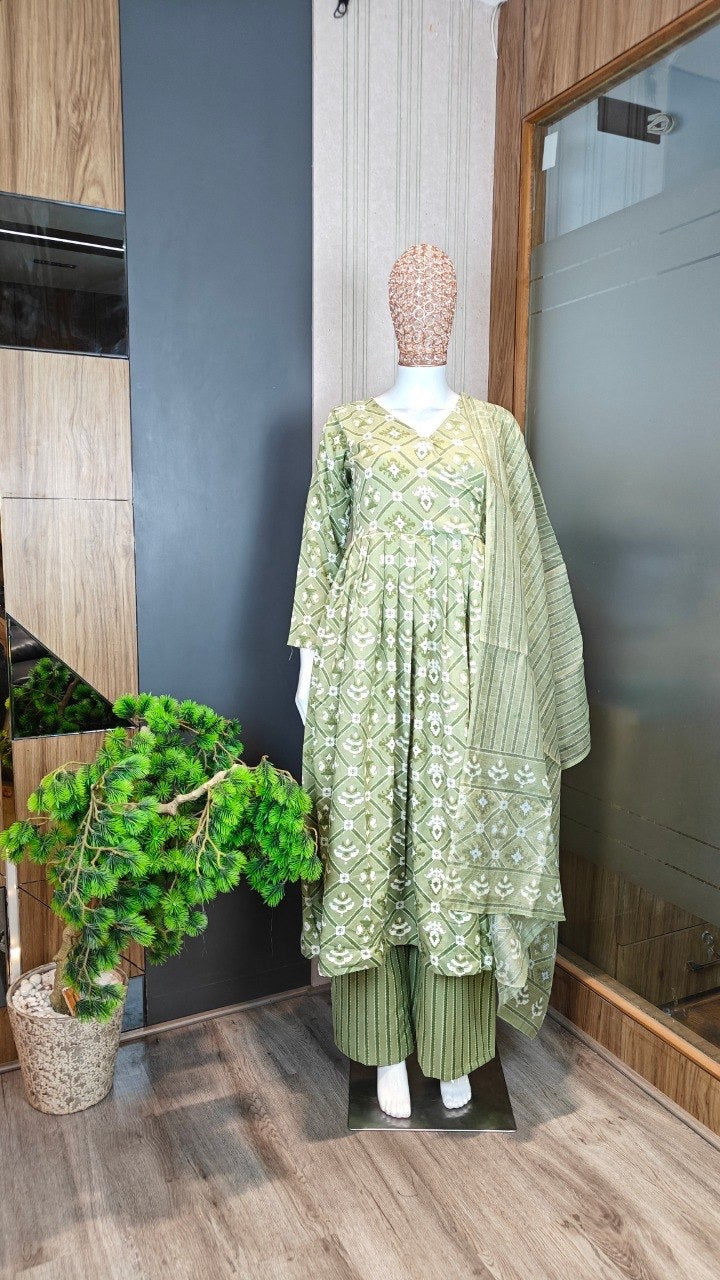Light Green Rayon Slub Printed Anarkali Suit 