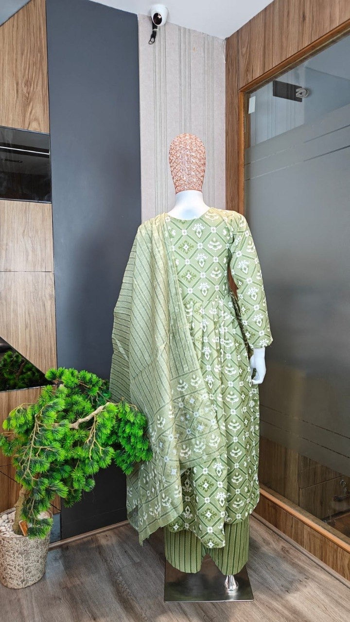 Light Green Rayon Slub Printed Anarkali Suit 