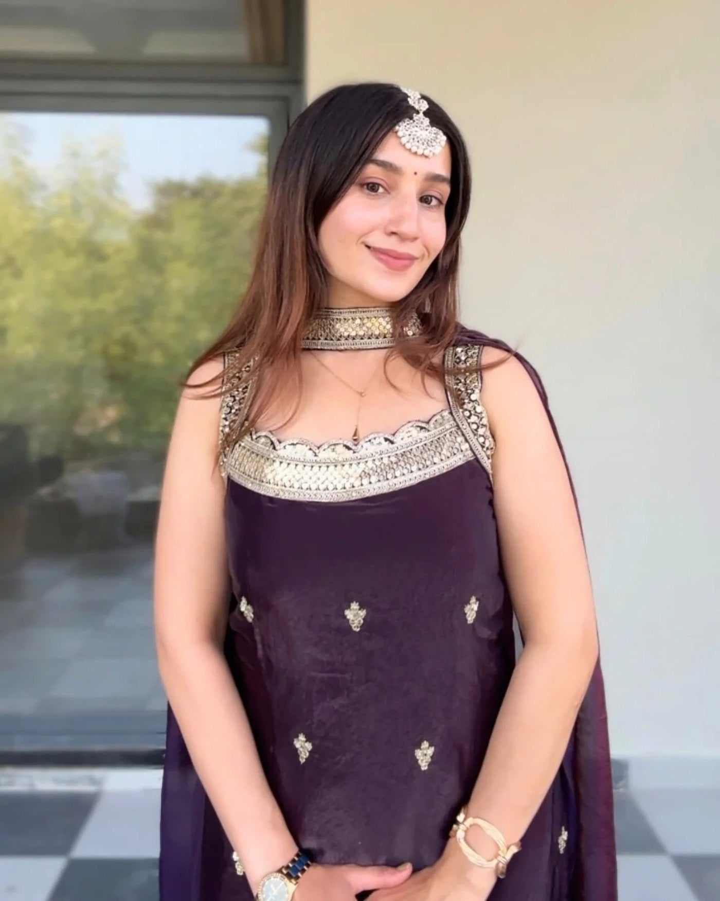 Wine Purple Fandy Lace Border Suit Set 