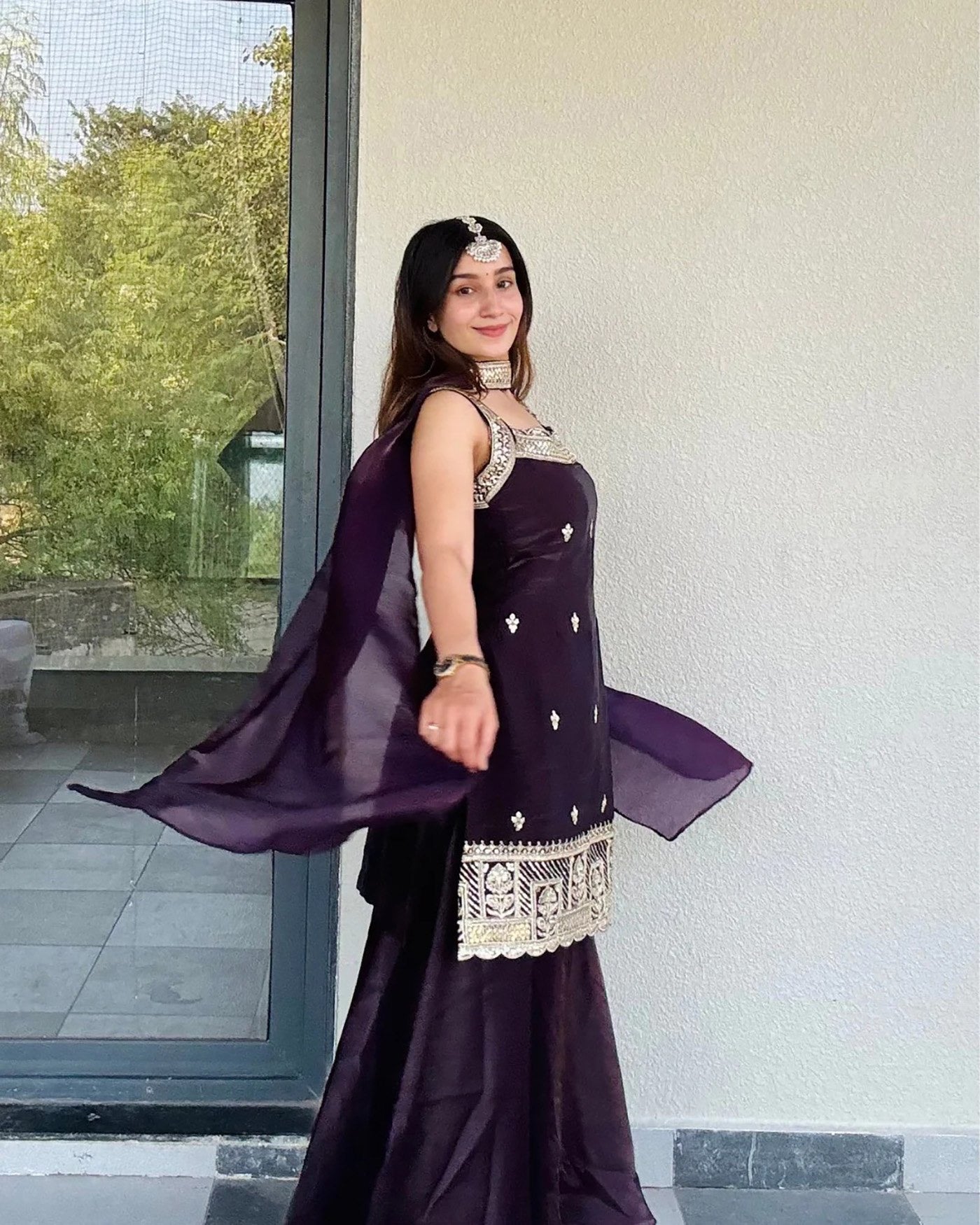 Wine Purple Fandy Lace Border Suit Set 