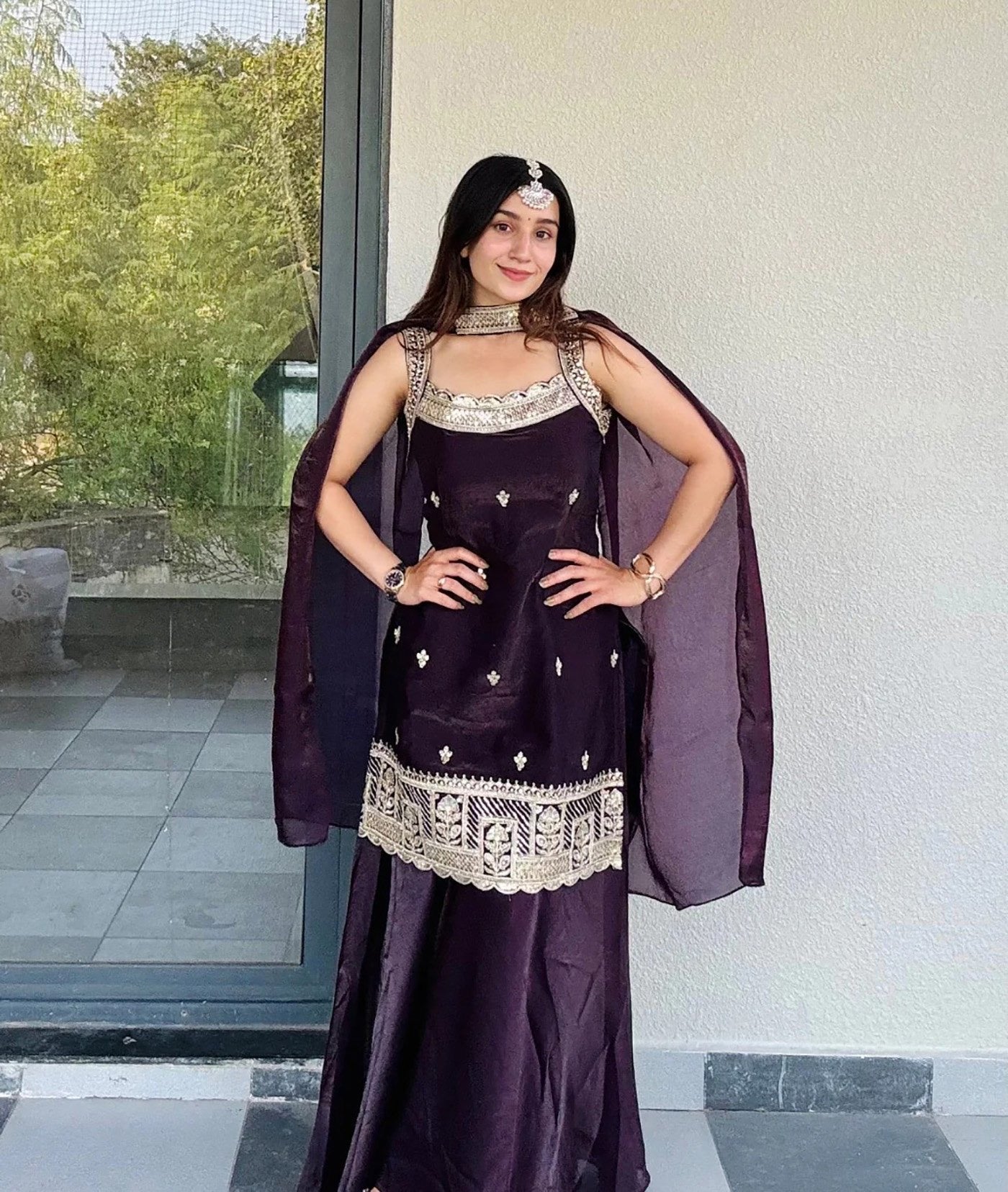 Wine Purple Fandy Lace Border Suit Set 