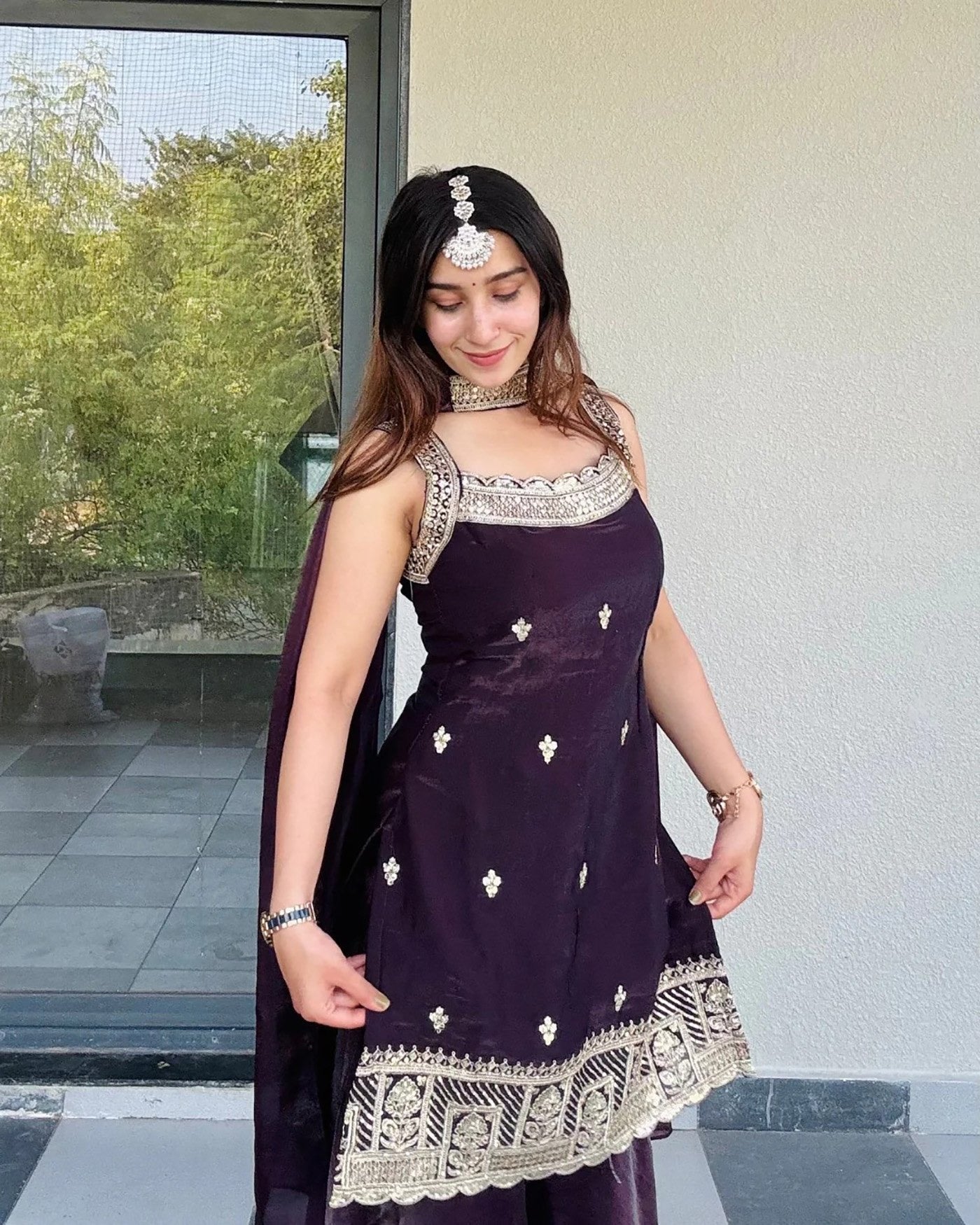 Wine Purple Fandy Lace Border Suit Set 